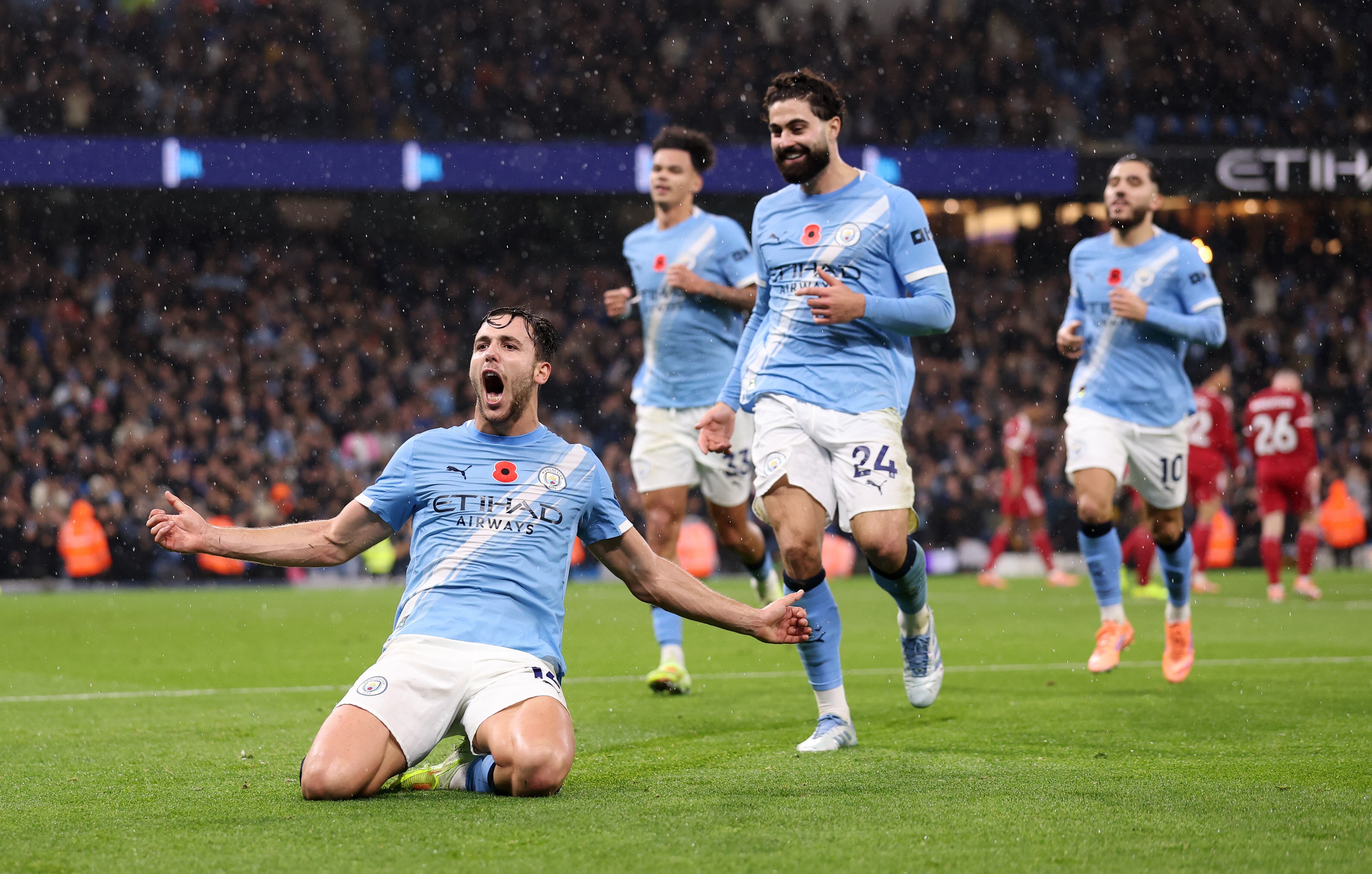Nico González celebra su gol en el Manchester City vs. Liverpool FOTO: Carl Recine/Getty Images