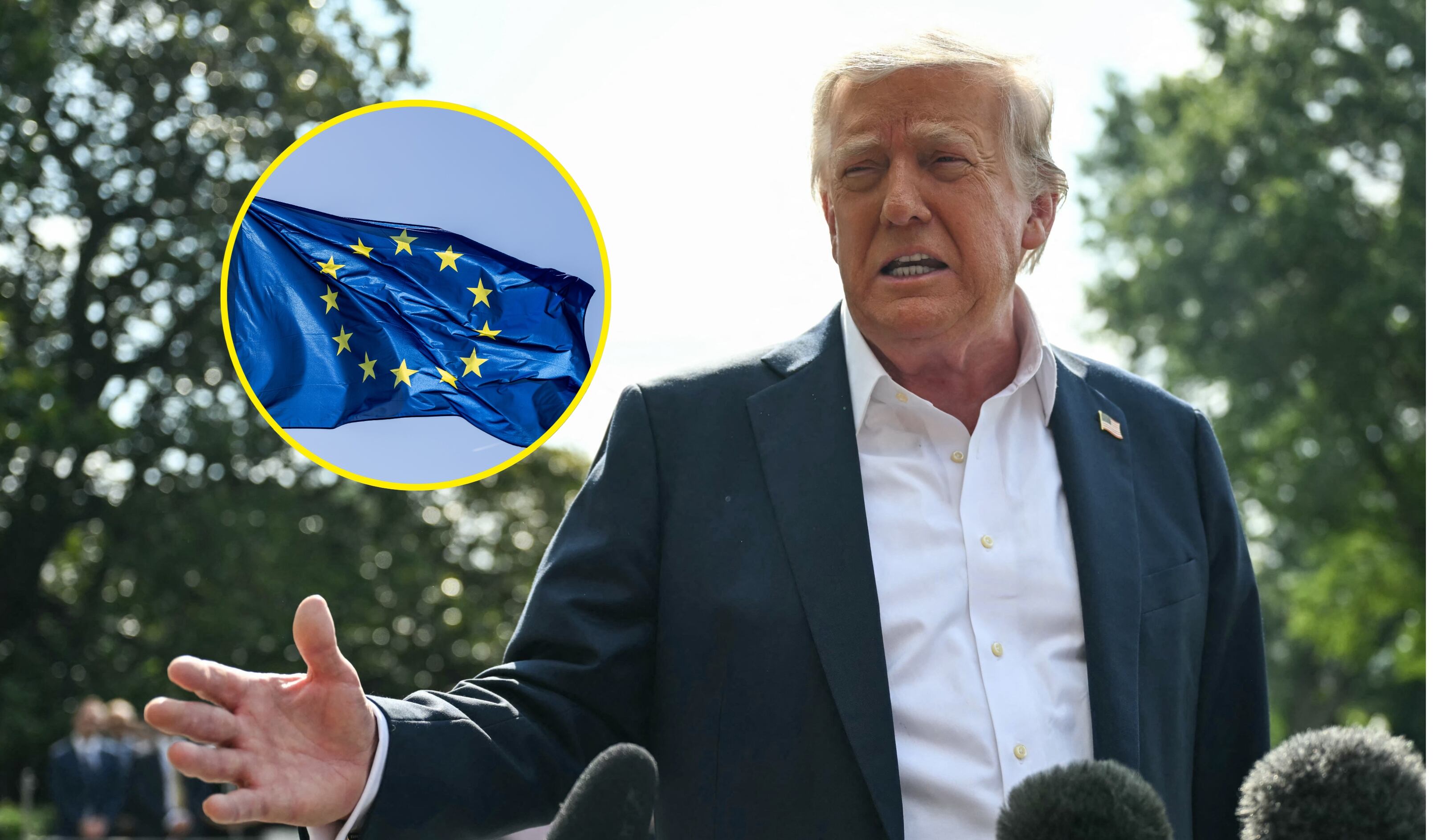 Donald Trump y bandera de la UE. Foto: ANDREW CABALLERO-REYNOLDS/AFP/fhm vía Getty Images. 