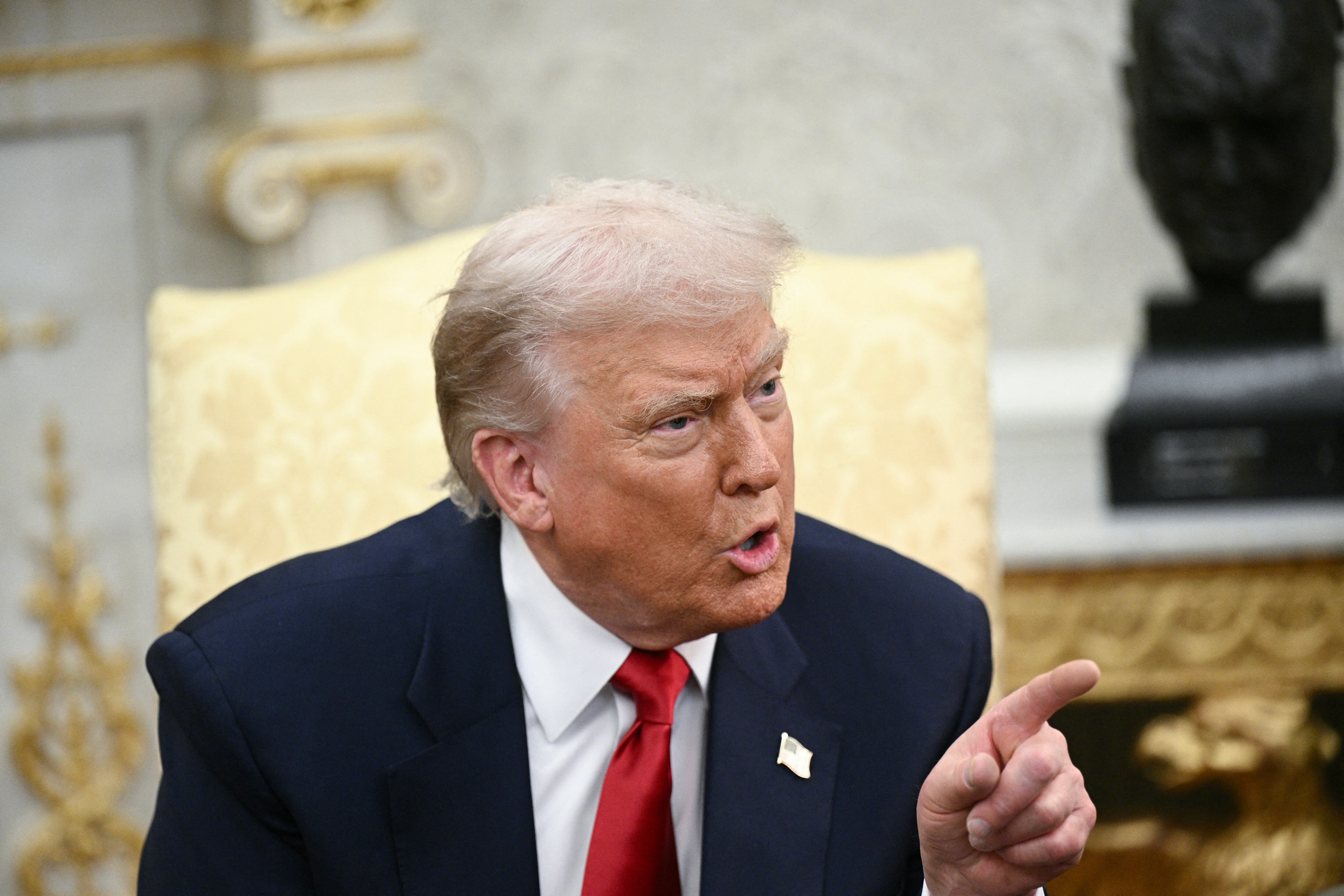 US President Donald Trump takes questions from the press during a meeting with Crown Prince and Prime Minister of the Kingdom of Saudi Arabia Mohammed bin Salman in the Oval Office of the White House in Washington, DC on November 18, 2025. Saudi Crown Prince Mohammed bin Salman arrived at the White House to fanfare and a jet flyover Tuesday, in his first visit to the United States since the 2018 murder of journalist Jamal Khashoggi. (Photo by Brendan SMIALOWSKI / AFP)