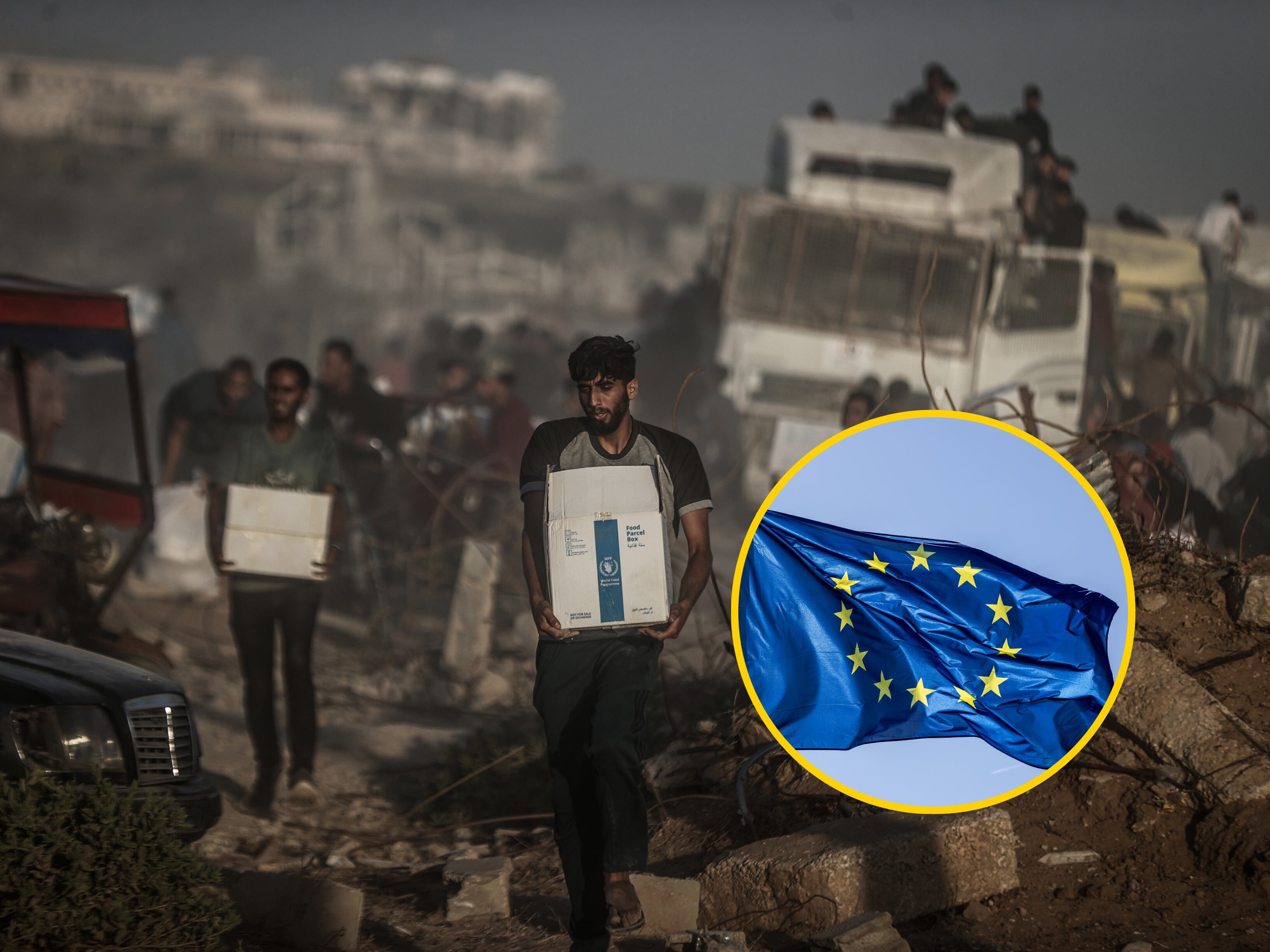 Ayuda humanitaria en Gaza y bandera de UE. Foto: Ali Jadallah/Anadolu y fhm vía Getty Images.