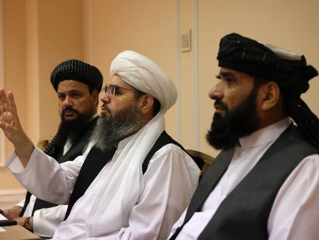 Taliban negotiators Abdul Latif Mansoor (L), Shahabuddin Delawar (C) and Suhail Shaheen (R) attend a press conference in Moscow on July 9, 2021. (Photo by Dimitar DILKOFF / AFP) (Photo by DIMITAR DILKOFF/AFP via Getty Images)