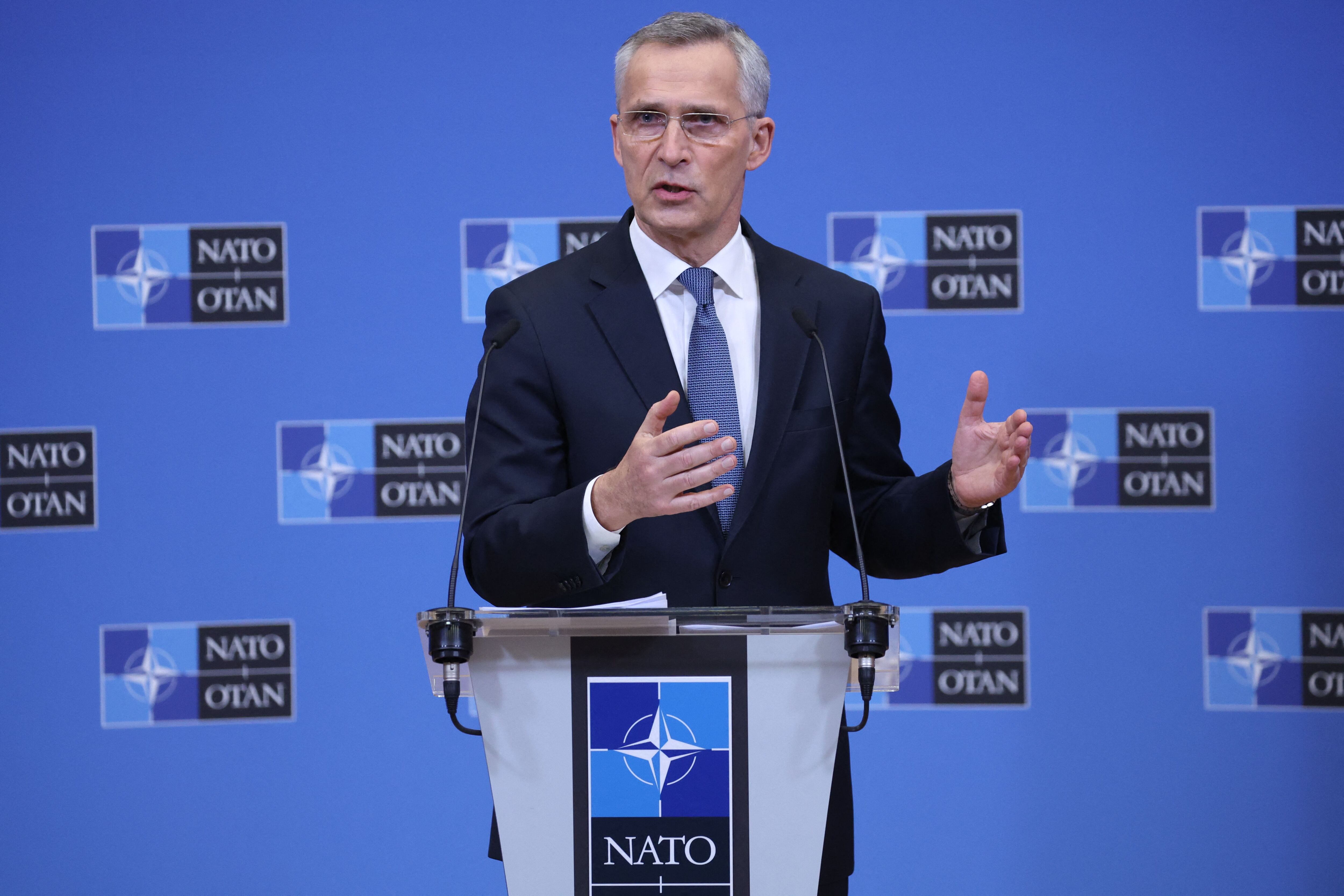 NATO Secretary General Jens Stoltenberg speaks during a press conference after a NATO video summit on Russia invasion of Ukraine at the NATO headquarters in Brussels on February 25, 2022. (Photo by Kenzo TRIBOUILLARD / AFP) (Photo by KENZO TRIBOUILLARD/AFP via Getty Images)