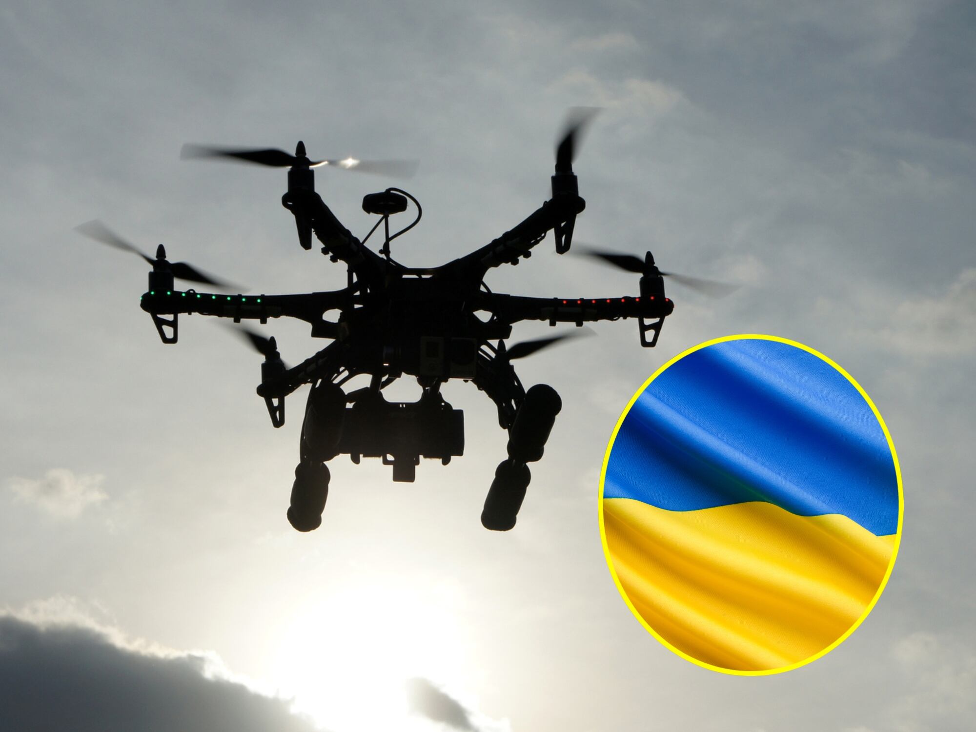 Imagen de referencia de drones. I Foto: Getty Images. Bandera de Ucrania. I Foto: Getty Imgaes.