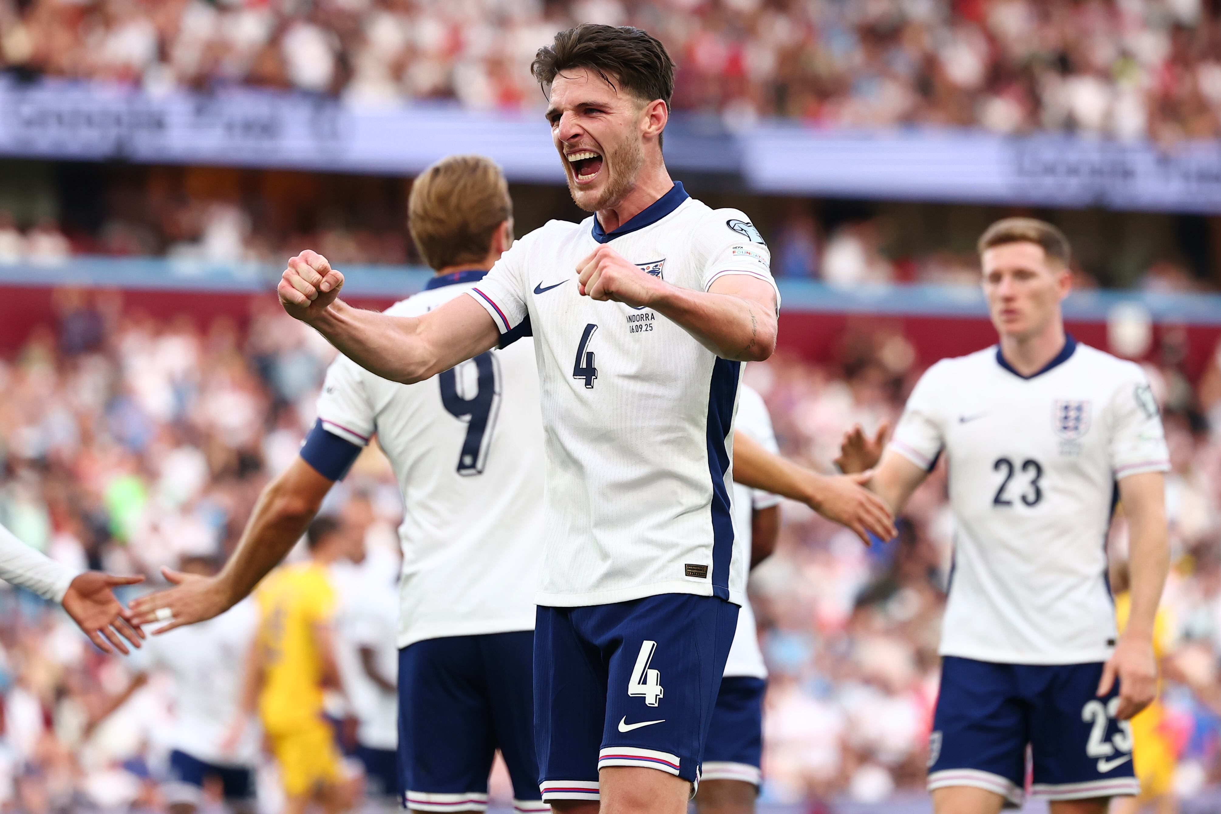Declan Rice celebra su gol ante Andorra, el 6 de septiembre de 2025. FOTO: Shaun Brooks - CameraSport vía Getty Images
