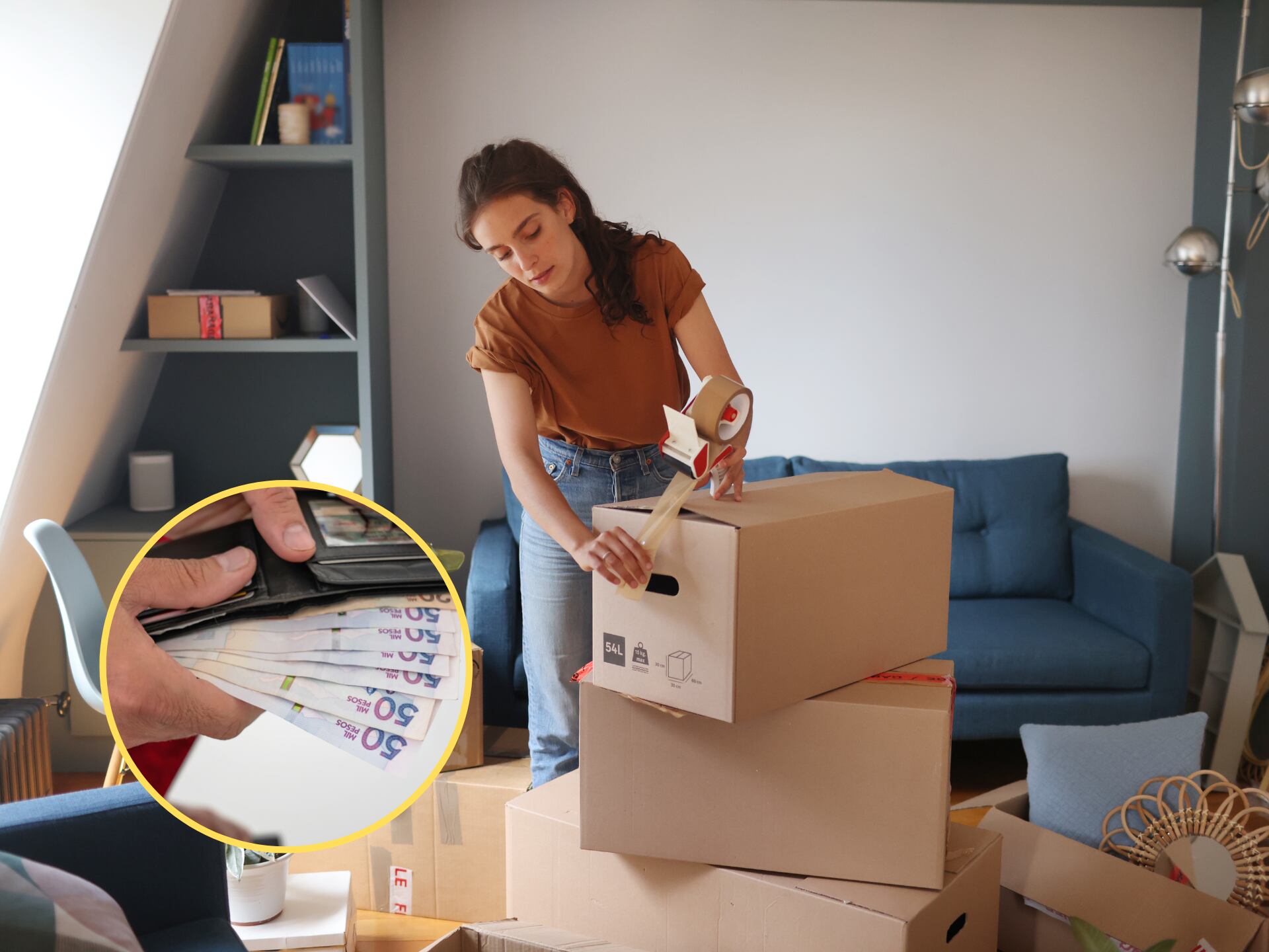 Mujer empacando sus cosas en una caja para mudarse de vivienda. En el círculo, la imagen de billetes de 50 mil pesos colombianos / Fotos: GettyImages