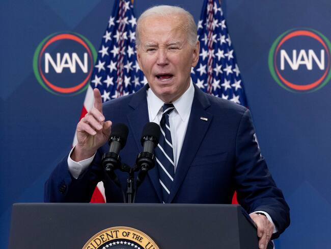 Washington (United States), 12/04/2024.- US President Joe Biden delivers virtual remarks during the National Action Network Convention, in the Eisenhower Executive Office Building on the White House complex in Washington, DC, USA, 12 April 2024. EFE/EPA/MICHAEL REYNOLDS