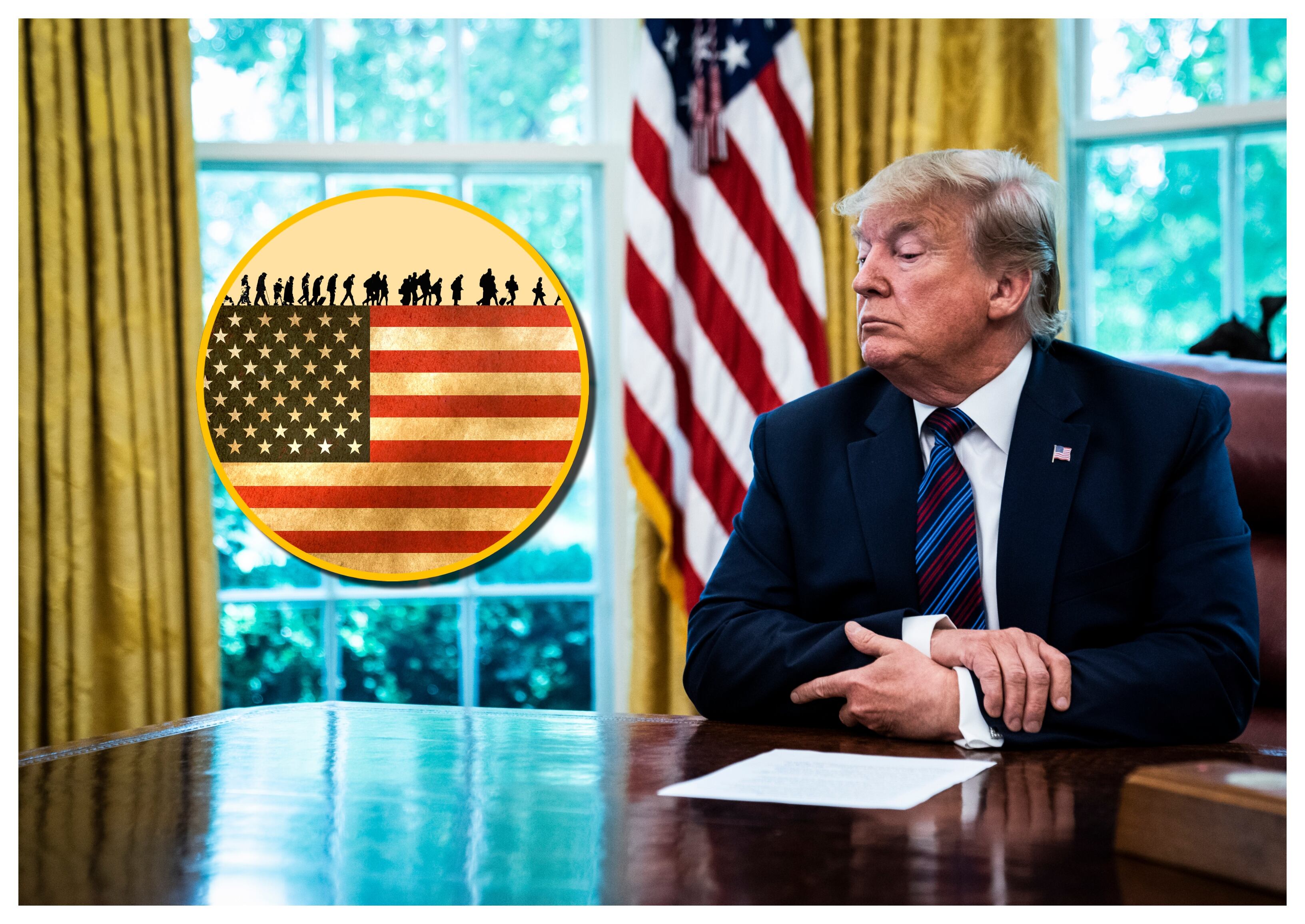 Trump y referencia de migrantes. Foto: Jabin Botsford/The Washington Post y Getty Images.