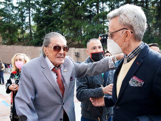 MADRID, SPAIN - MAY 02: Jaime Ostos (L) and Jose Ortega Cano (R) attend the traditional Bullfighting Charity May 2 Festival on May 2, 2021 in Madrid, Spain. After a year and a half without bullfighting festivals due to COVID 19, this first bullfighting run will have a capacity limitation to a maximum of 40% and a cap of 6,000 people. (Photo by Carlos Alvarez/GC Images)
