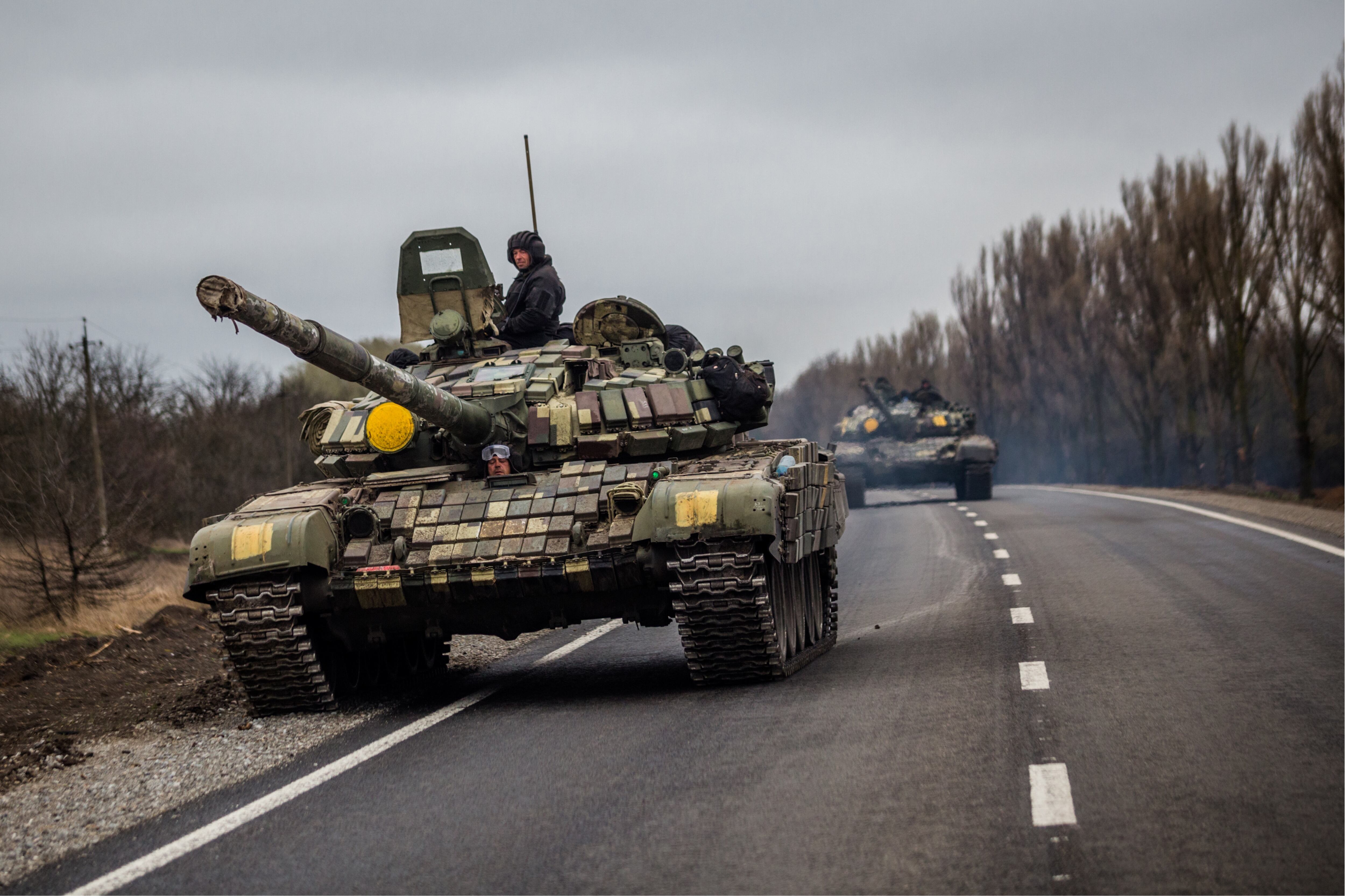 ZAPORIZHZHIA, UKRAINE - APRIL 12: A Ukrainian tank on the road between Pokrovske and Zaporizhzhia on the 12th of April 2022 , Zaporizhzhiaa, Ukraine. (Wojciech Grzedzinski for The Washington Post via Getty Images)