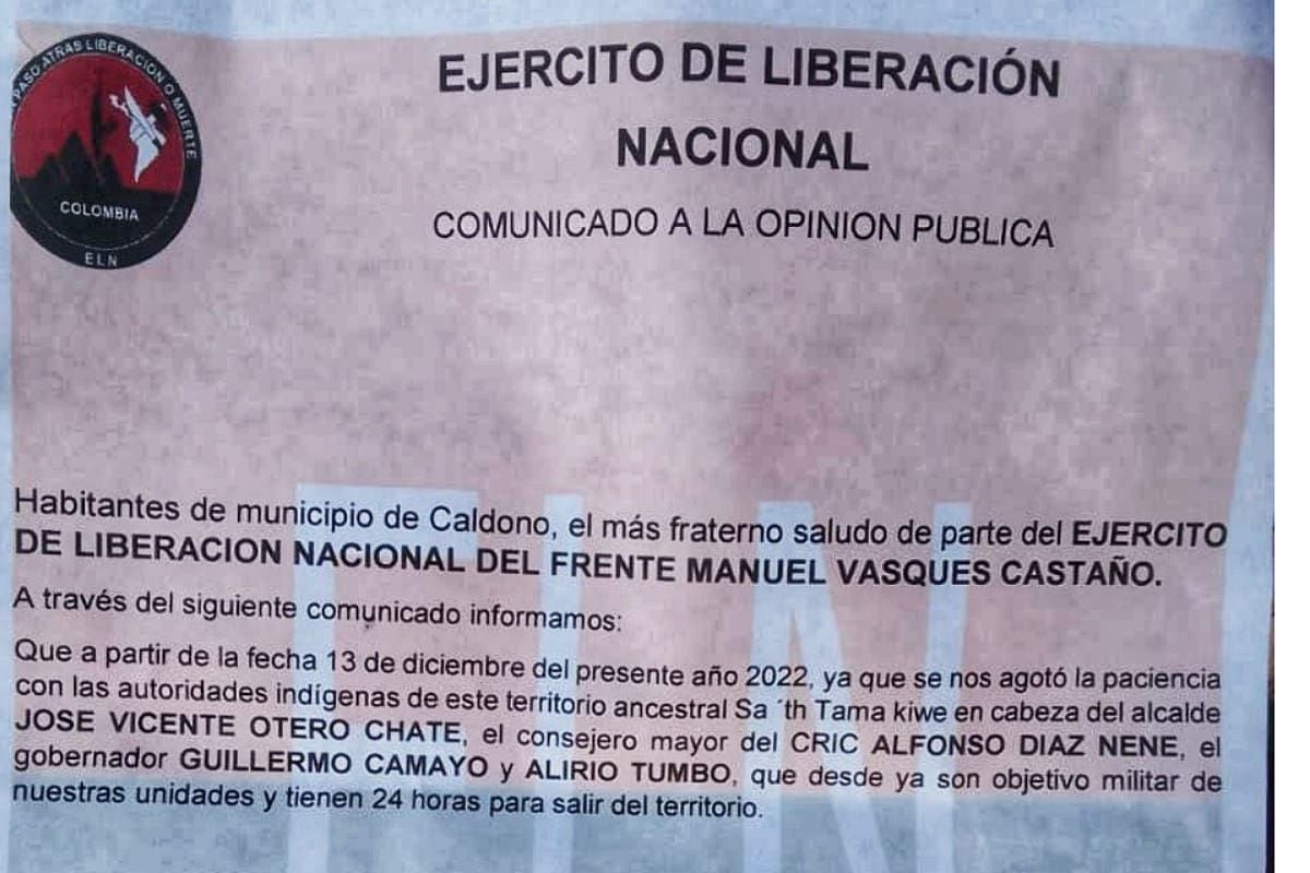 El panfleto advierte a los amenazados que tienen 24 horas para salir del territorio. Crédito: Red de Apoyo Cauca. 