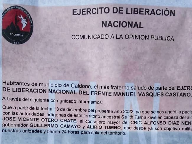 El panfleto advierte a los amenazados que tienen 24 horas para salir del territorio. Crédito: Red de Apoyo Cauca.