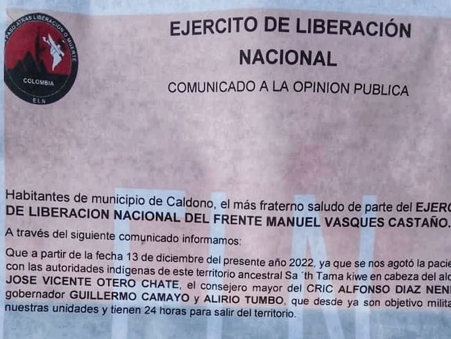 El panfleto advierte a los amenazados que tienen 24 horas para salir del territorio. Crédito: Red de Apoyo Cauca. 
