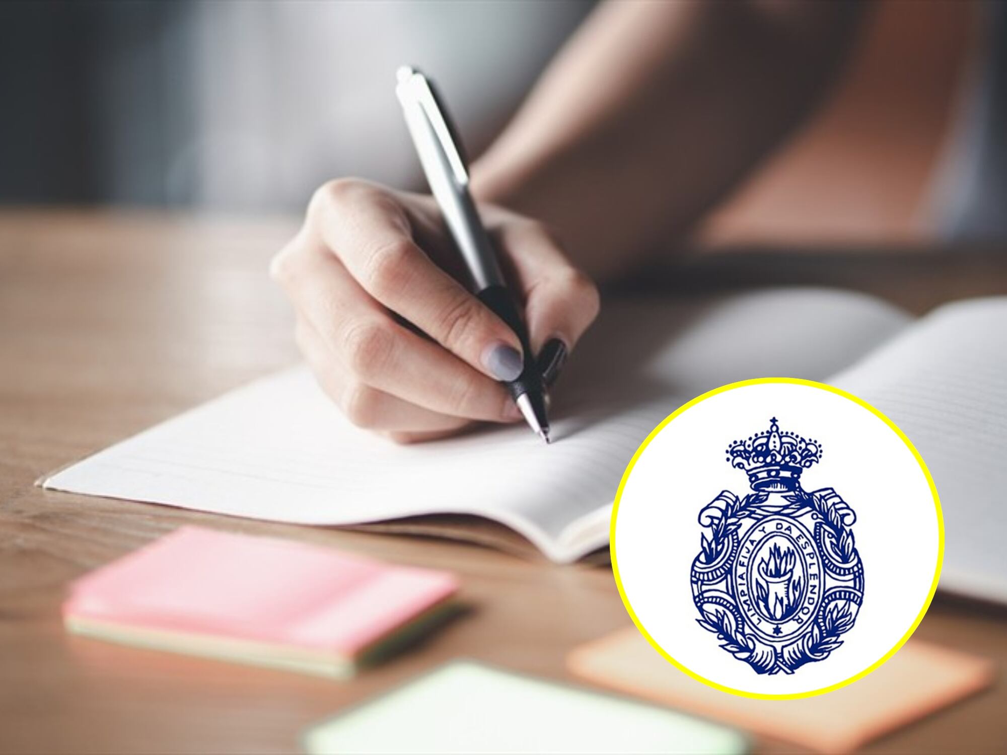 Imagen de referencia de escritura. I Foto: Getty Images. Logo RAE: Real Academia Española Web.