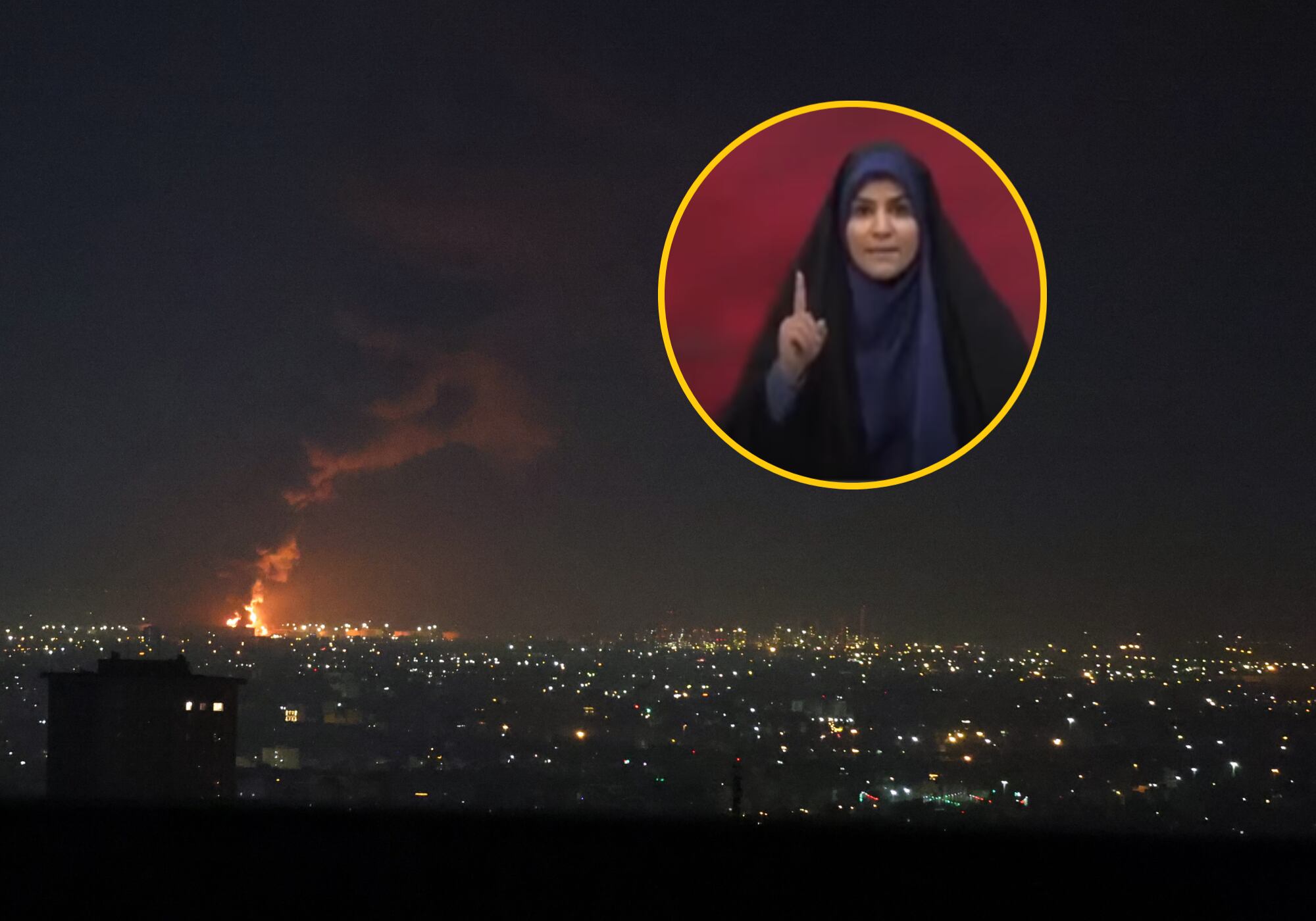 Bombardeo en Teherán. Foto: EFE. — Reportera de Irán. Foto: Jaap Arriens/NurPhoto via Getty Images.