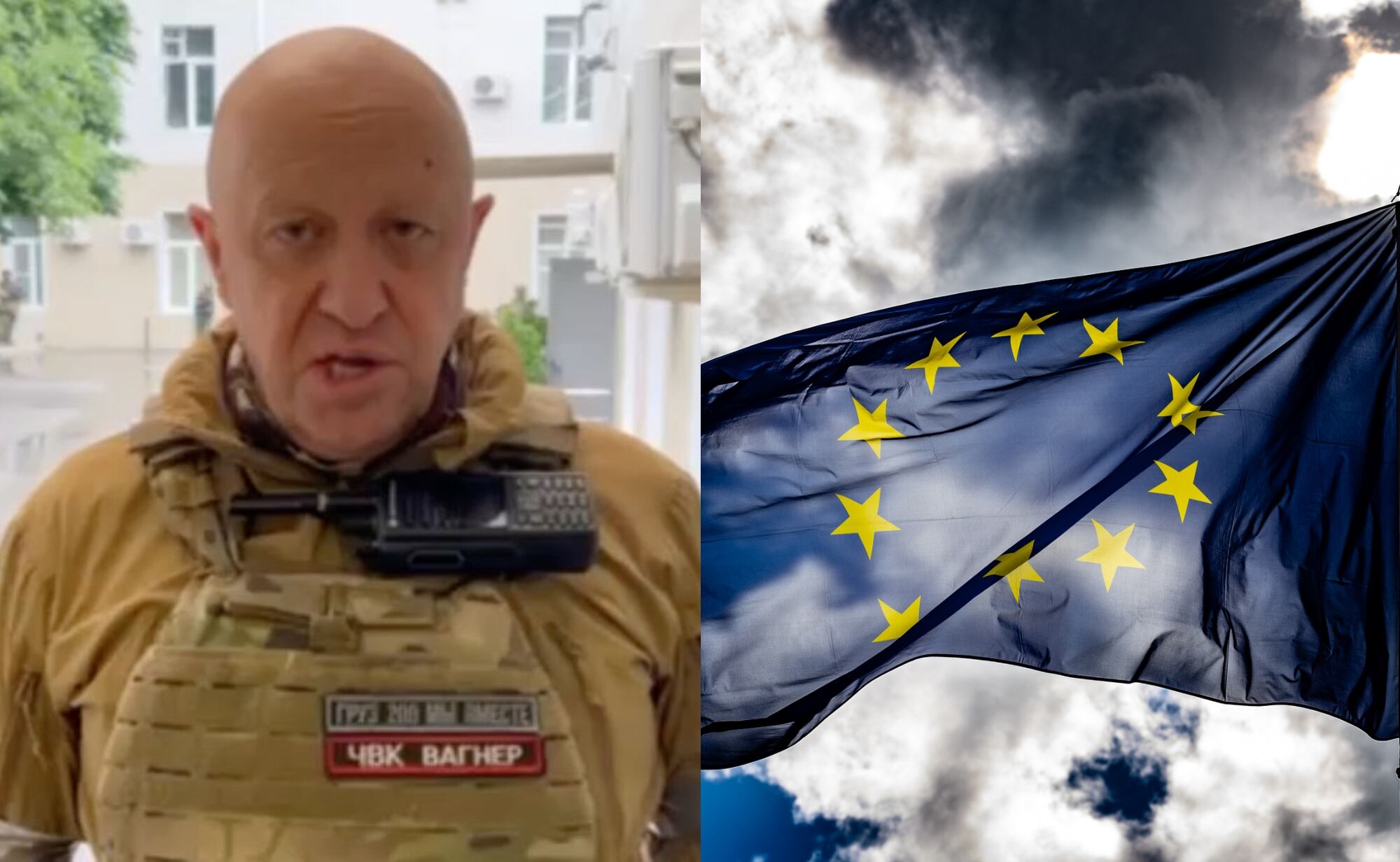 Yevgueni Prigozhin y bandera de la Unión Europea. Fotos: Getty Images.