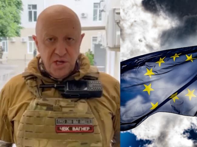 Yevgueni Prigozhin y bandera de la Unión Europea. Fotos: Getty Images.
