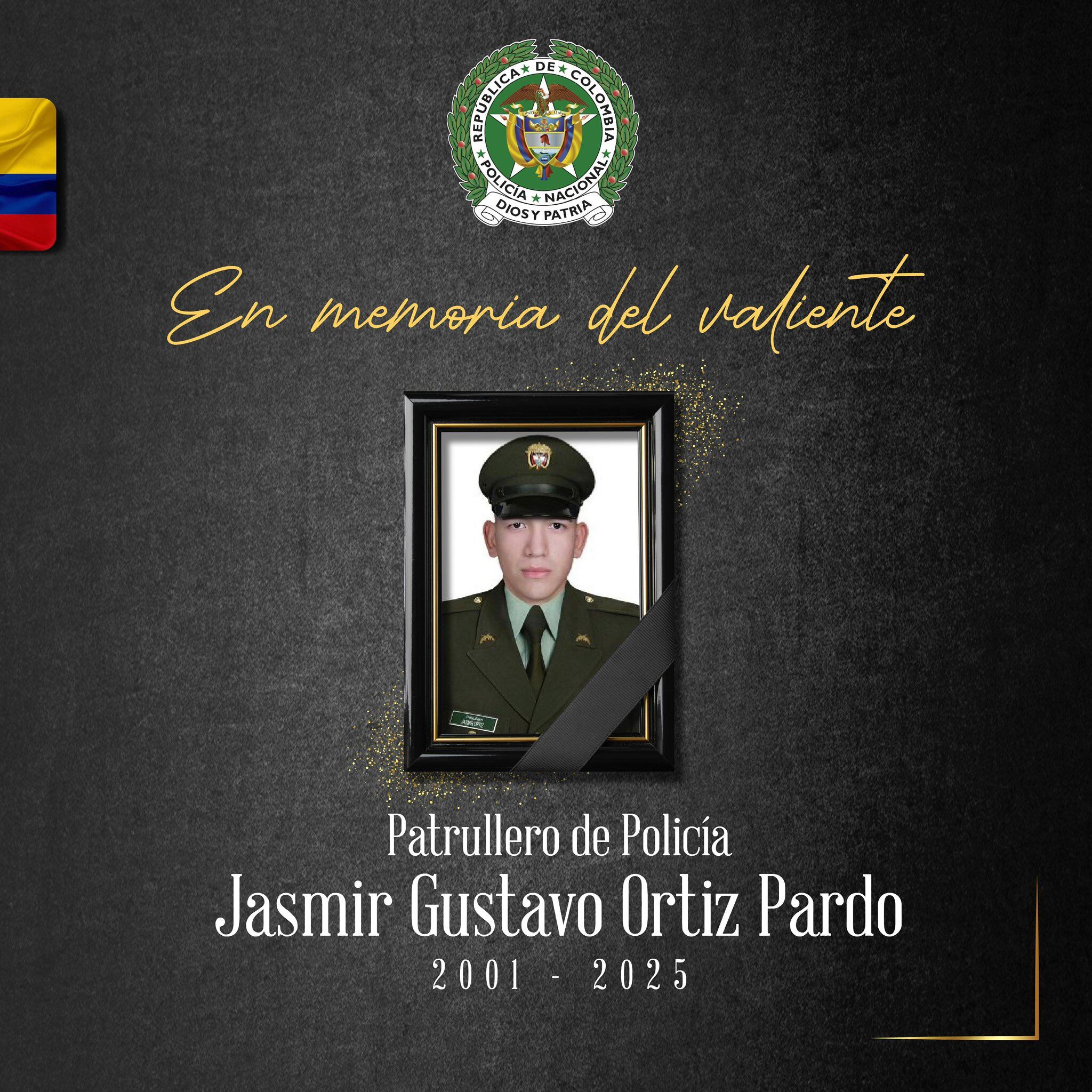 Jasmir Gustavo Ortiz, patrullero de la Policía asesinado en Puerto Tejada, Cauca. Crédito: Policía Nacional.