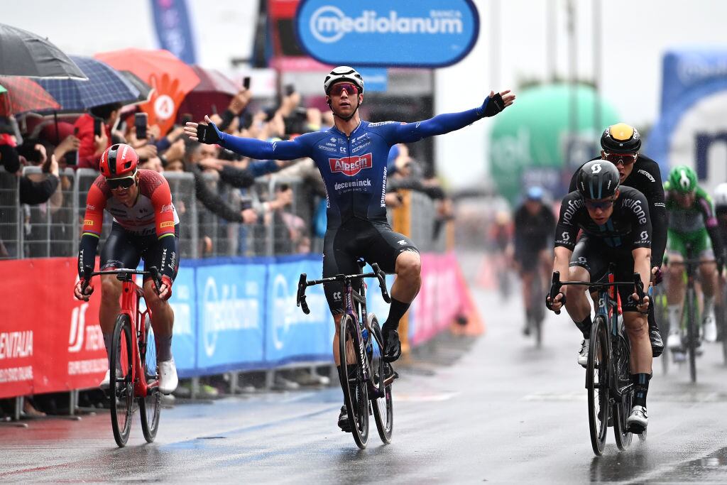 SALERNO, ITALY - MAY 10: (EDITOR'S NOTE: Alternate crop) Kaden Groves of Australia and Team Alpecin-Deceuninck (C) celebrates at finish line as stage winner during the 106th Giro d'Italia 2023 - Stage 5 a 171km stage from Atripalda to Salerno / #UCIWT / on May 10, 2023 in Salerno, Italy. (Photo by Tim de Waele/Getty Images)