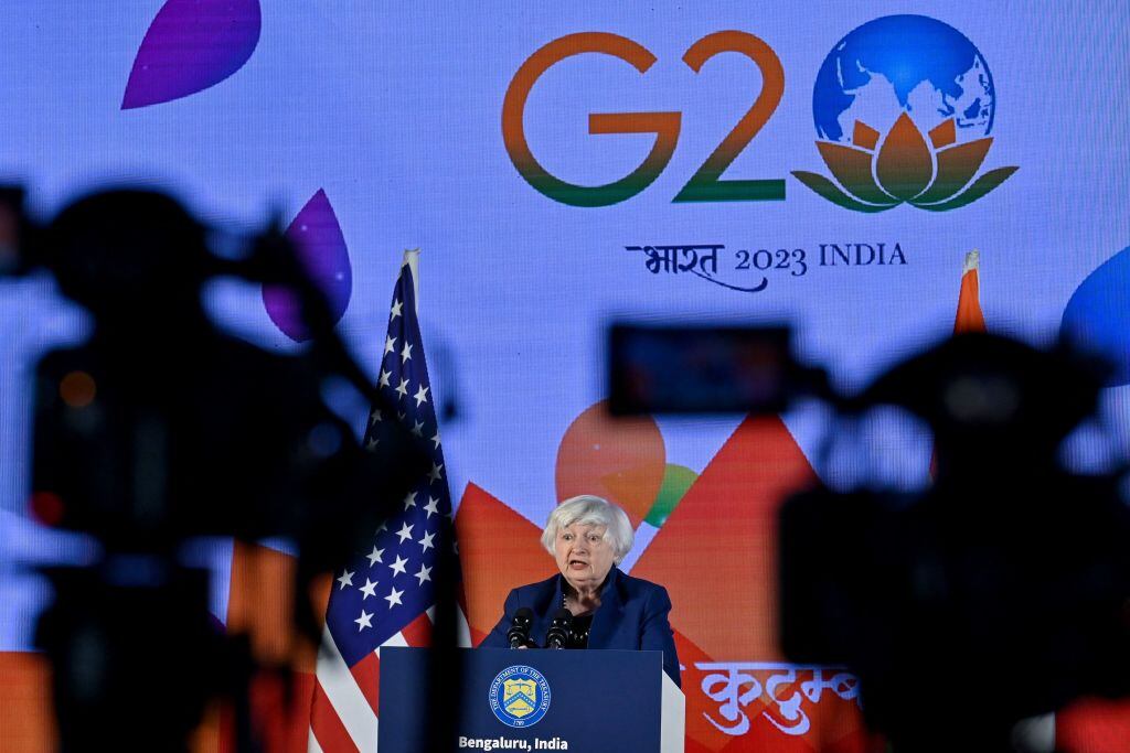 Secretaria del Tesoro de Estados Unidos, Janet Yellen durante el G20 en India, febrero de 2023. Foto: MANJUNATH KIRAN/AFP via Getty Images.
