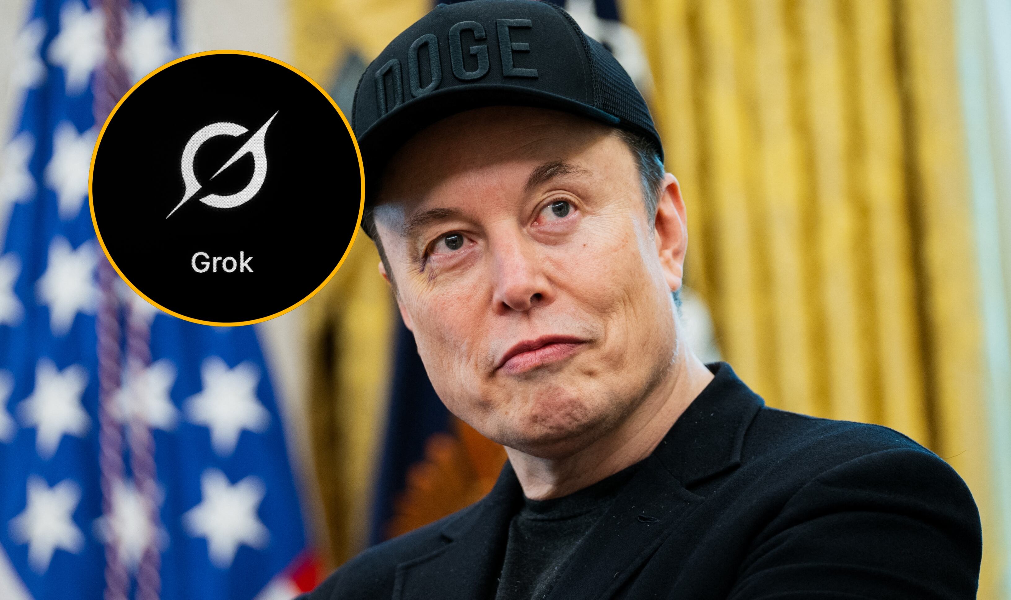 Elon Musk y logo de IA (Grok). Foto: Silas Stein/picture alliance via Getty Images.