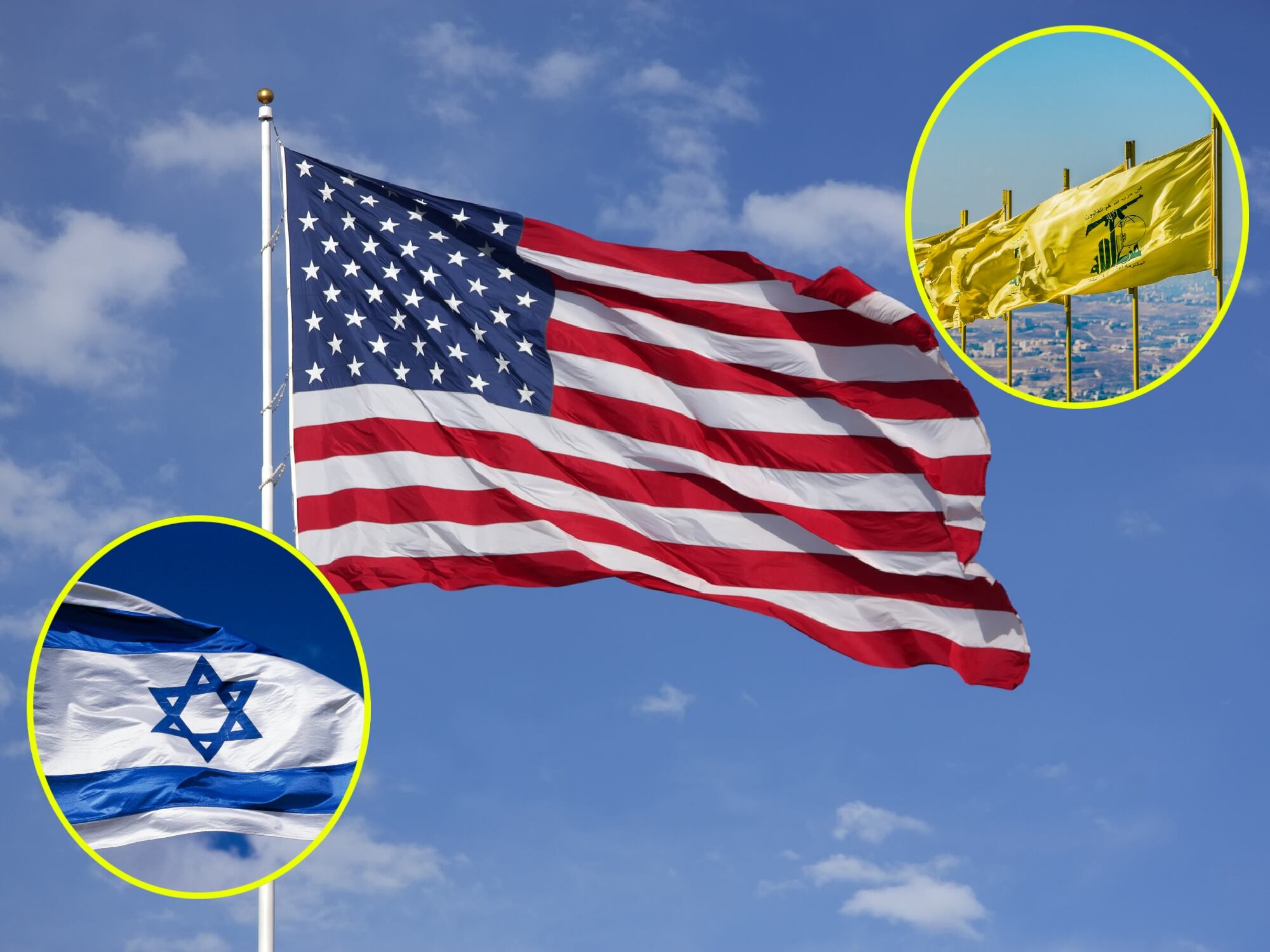 Bandera de Estados Unidos, Israel y Hizbulá. I Foto: Getty Images.