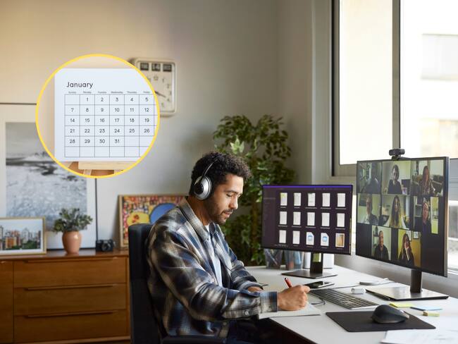 Hombre trabajando remotamente en una empresa. En el círculo, imagen del calendario 2024 / Fotos: GettyImages