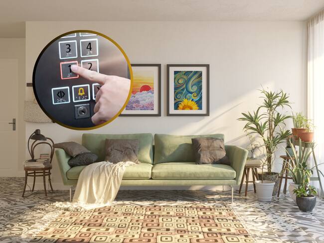 Imagen de la zona social de un apartamento y de fondo una persona oprimiendo el botón del primer piso de un edificio (Fotos vía Getty Images)