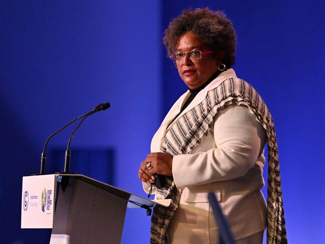 Barbados&#039; Prime Minister Mia Amor Mottley speaks during the opening ceremony of the COP26 UN Climate Change Conference in Glasgow, Scotland on November 1, 2021. - COP26, running from October 31 to November 12 in Glasgow will be the biggest climate conference since the 2015 Paris summit and is seen as crucial in setting worldwide emission targets to slow global warming, as well as firming up other key commitments. (Photo by Paul ELLIS / AFP) (Photo by PAUL ELLIS/AFP via Getty Images)