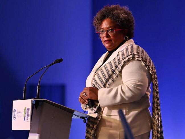 Barbados' Prime Minister Mia Amor Mottley speaks during the opening ceremony of the COP26 UN Climate Change Conference in Glasgow, Scotland on November 1, 2021. - COP26, running from October 31 to November 12 in Glasgow will be the biggest climate conference since the 2015 Paris summit and is seen as crucial in setting worldwide emission targets to slow global warming, as well as firming up other key commitments. (Photo by Paul ELLIS / AFP) (Photo by PAUL ELLIS/AFP via Getty Images)