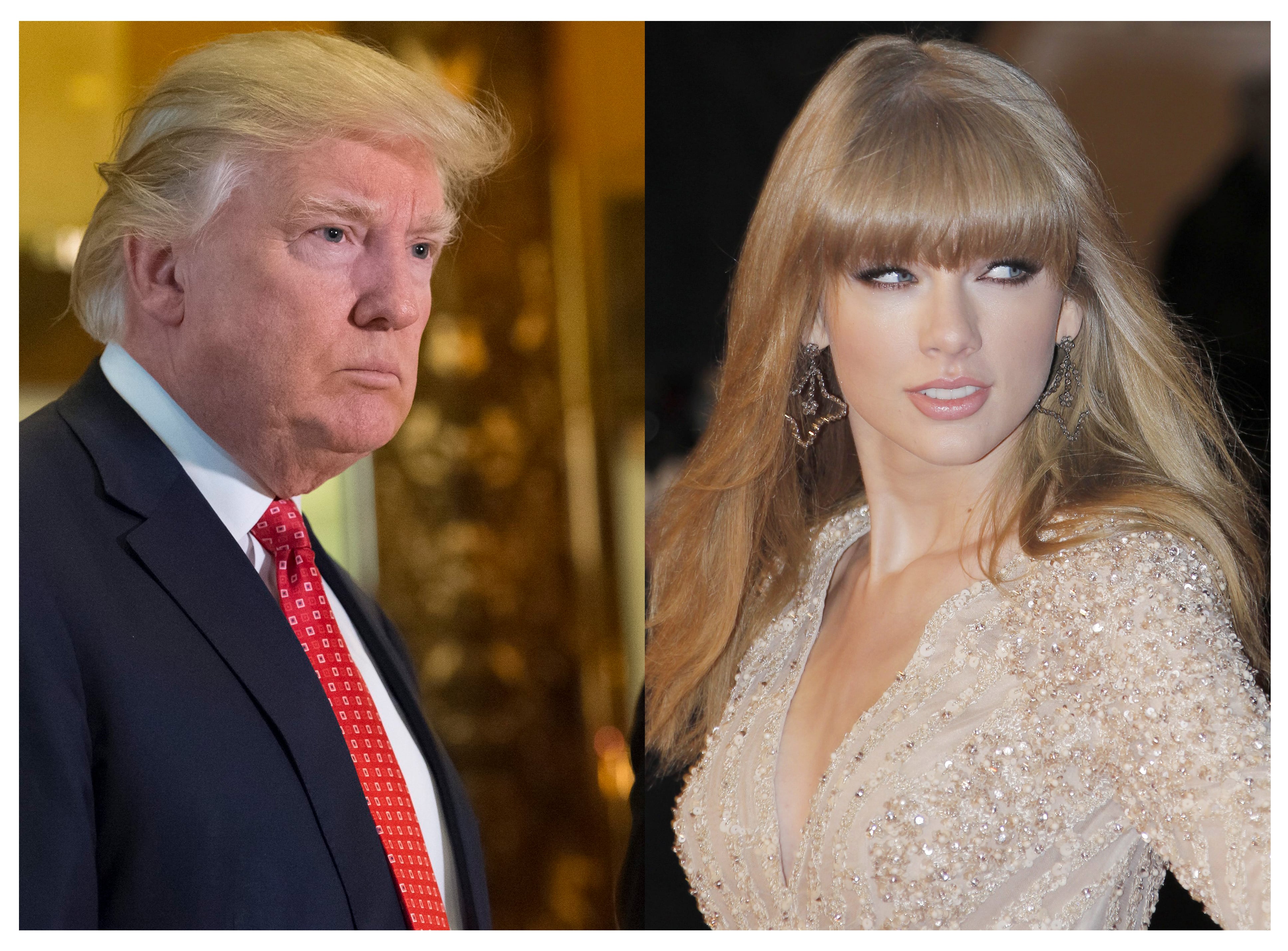 Combo de fotografías de archivo que muestra al expresidente de los Estados Unidos Donald Trump y a la cantante Taylor Swift. Foto: EFE.