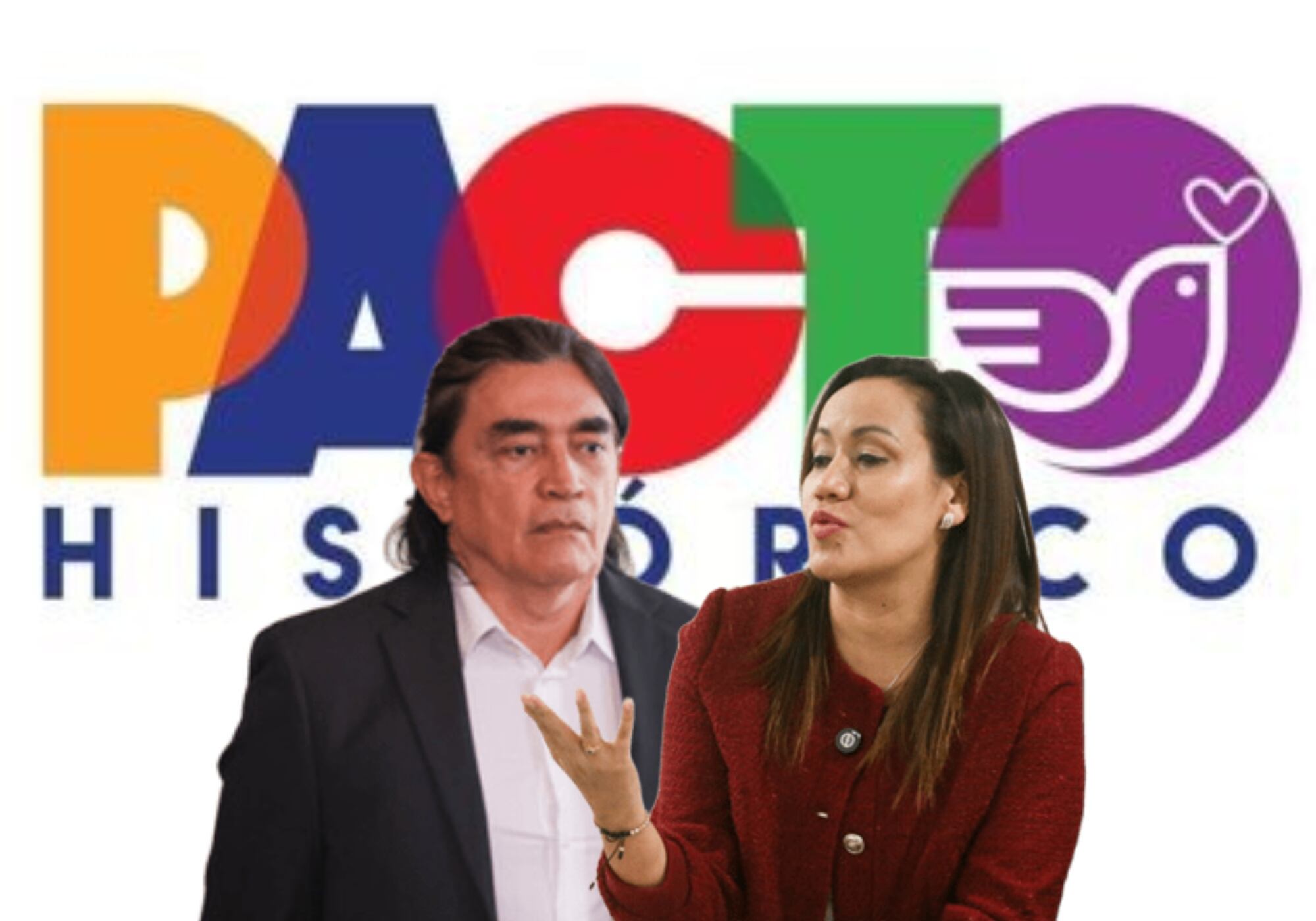 Gustavo Bolívar, Carolina Corcho y logo del Pacto Histórico. Fotos: (Cortesía Joel González - Presidencia) / (Colprensa - Lina Gasca) / X @PactoCol