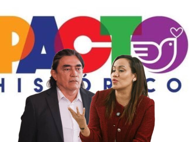 Gustavo Bolívar, Carolina Corcho y logo del Pacto Histórico. Fotos: (Cortesía Joel González - Presidencia) / (Colprensa - Lina Gasca) / X @PactoCol