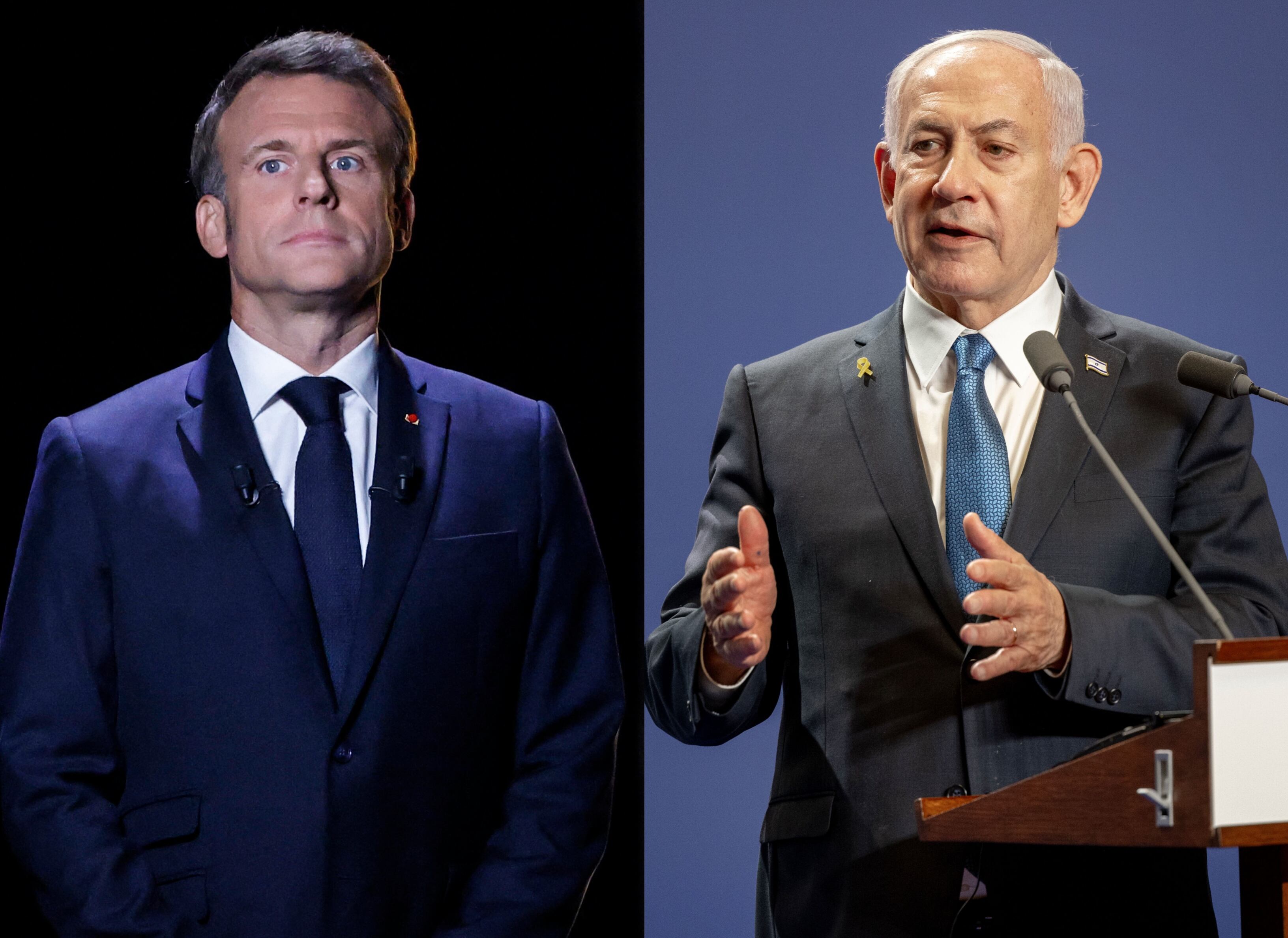 Presidente francés, Emmanuel Macron. FOTO: LUDOVIC MARIN/AFP via Getty Images.// Primer ministro de Israel, Benjamín Netanyahu. FOTO: Janos Kummer/Getty Images