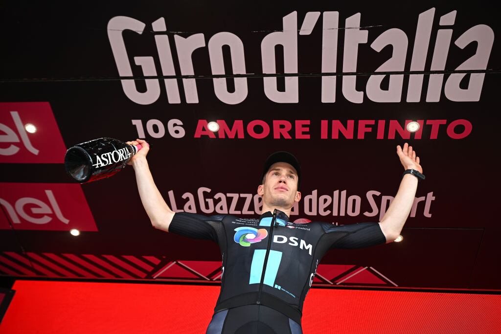CAORLE, ITALY - MAY 24: Alberto Dainese of Italy and Team DSM celebrates at podium as stage winner during the the 106th Giro d'Italia 2023, Stage 17 a 197km stage from Pergine Valsugana to Caorle / #UCIWT / on May 24, 2023 in Caorle, Italy. (Photo by Stuart Franklin/Getty Images)