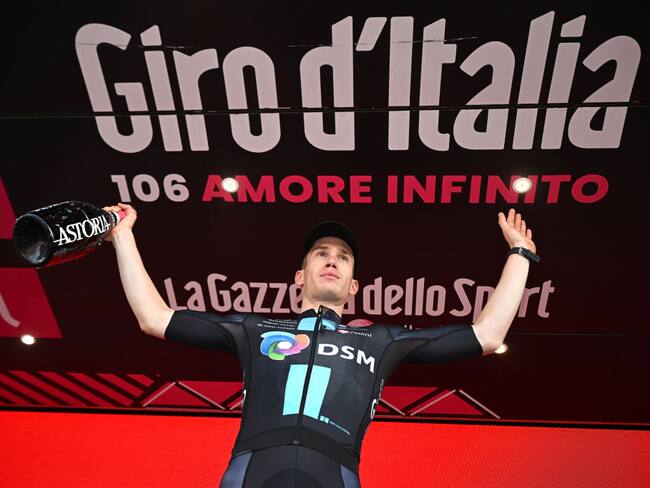 CAORLE, ITALY - MAY 24: Alberto Dainese of Italy and Team DSM celebrates at podium as stage winner during the the 106th Giro d'Italia 2023, Stage 17 a 197km stage from Pergine Valsugana to Caorle / #UCIWT / on May 24, 2023 in Caorle, Italy. (Photo by Stuart Franklin/Getty Images)