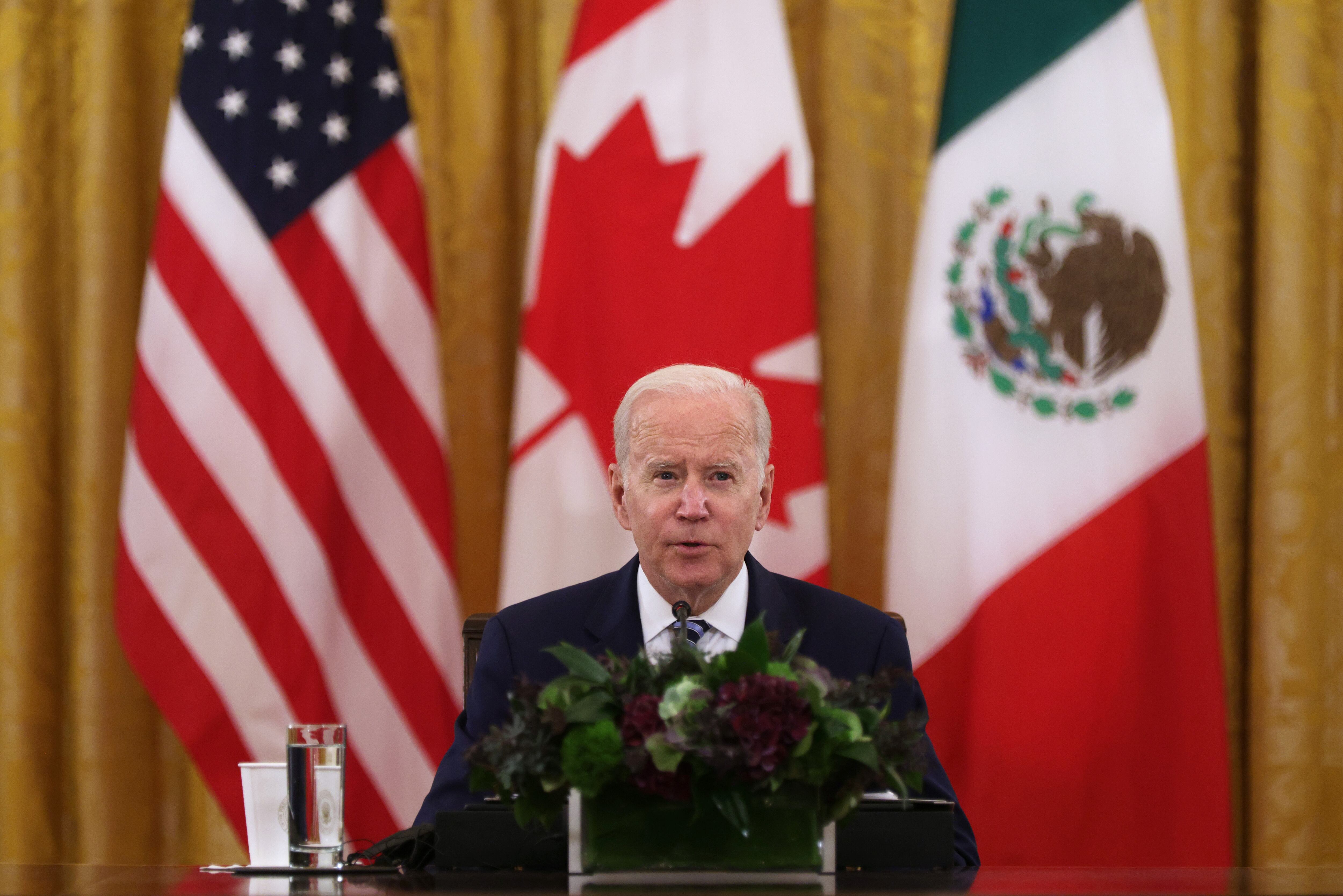 WASHINGTON, DC - NOVEMBER 18:  U.S. President Joe Biden speaks during the first North American Leaders’ Summit (NALS) since 2016 in the East Room at the White House November 18, 2021 in Washington, DC. President Biden was joined by Canadian Prime Minister Justin Trudeau and Mexican President Andres Manuel Lopez Obrador at the summit to “reaffirm their strong ties and integration while also charting a new path for collaboration on ending the COVID-19 pandemic and advancing health security; competitiveness and equitable growth, to include climate change; and a regional vision for migration.” (Photo by Alex Wong/Getty Images)