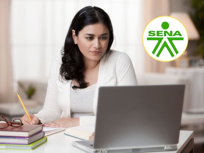 Mujer usando su computador para estudiar virtualmente. En el círculo, el logo del SENA (Fotos vía GettyImages y redes sociales)