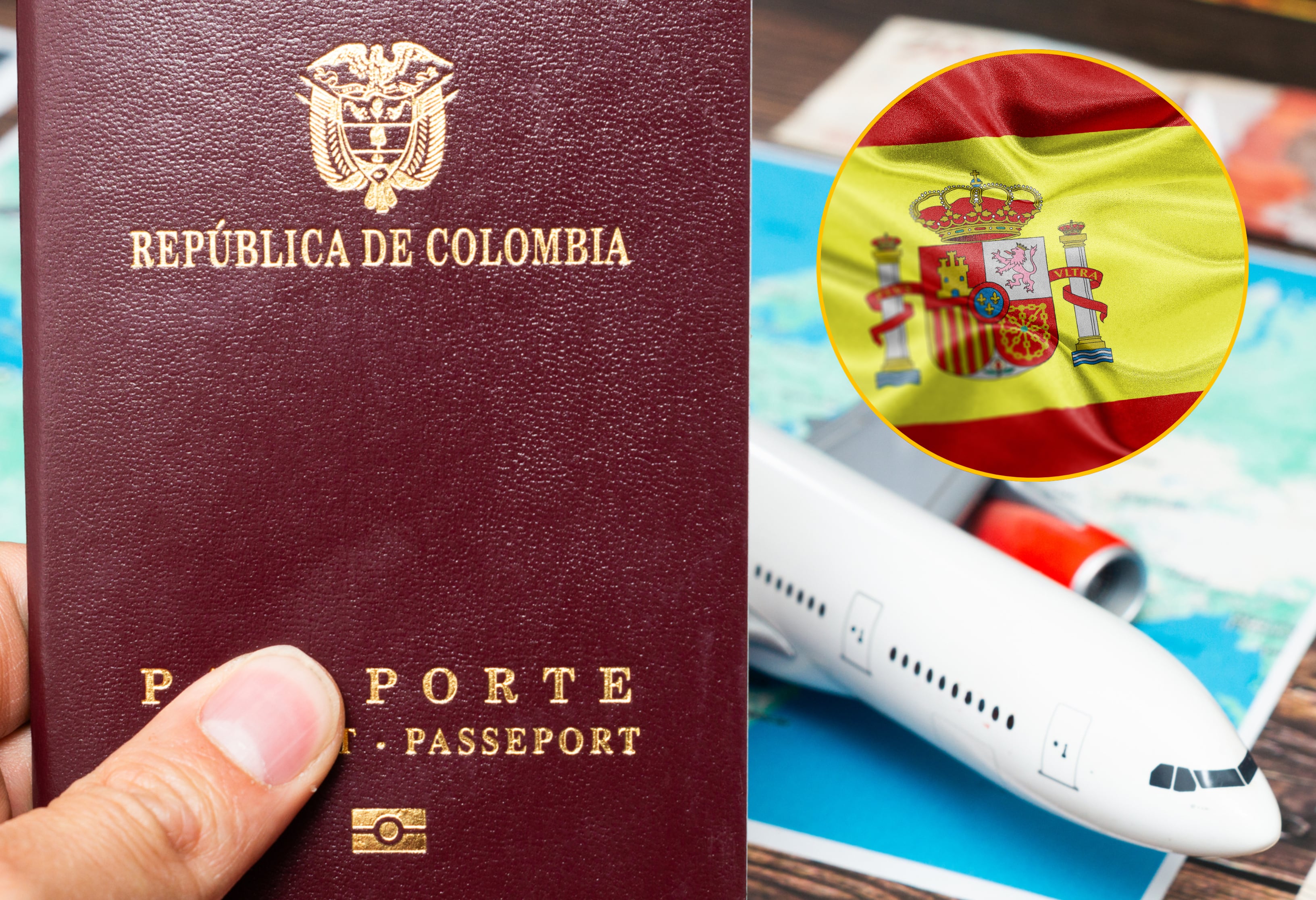 Pasaporte Colombia y bandera España. Fotos: Getty Images