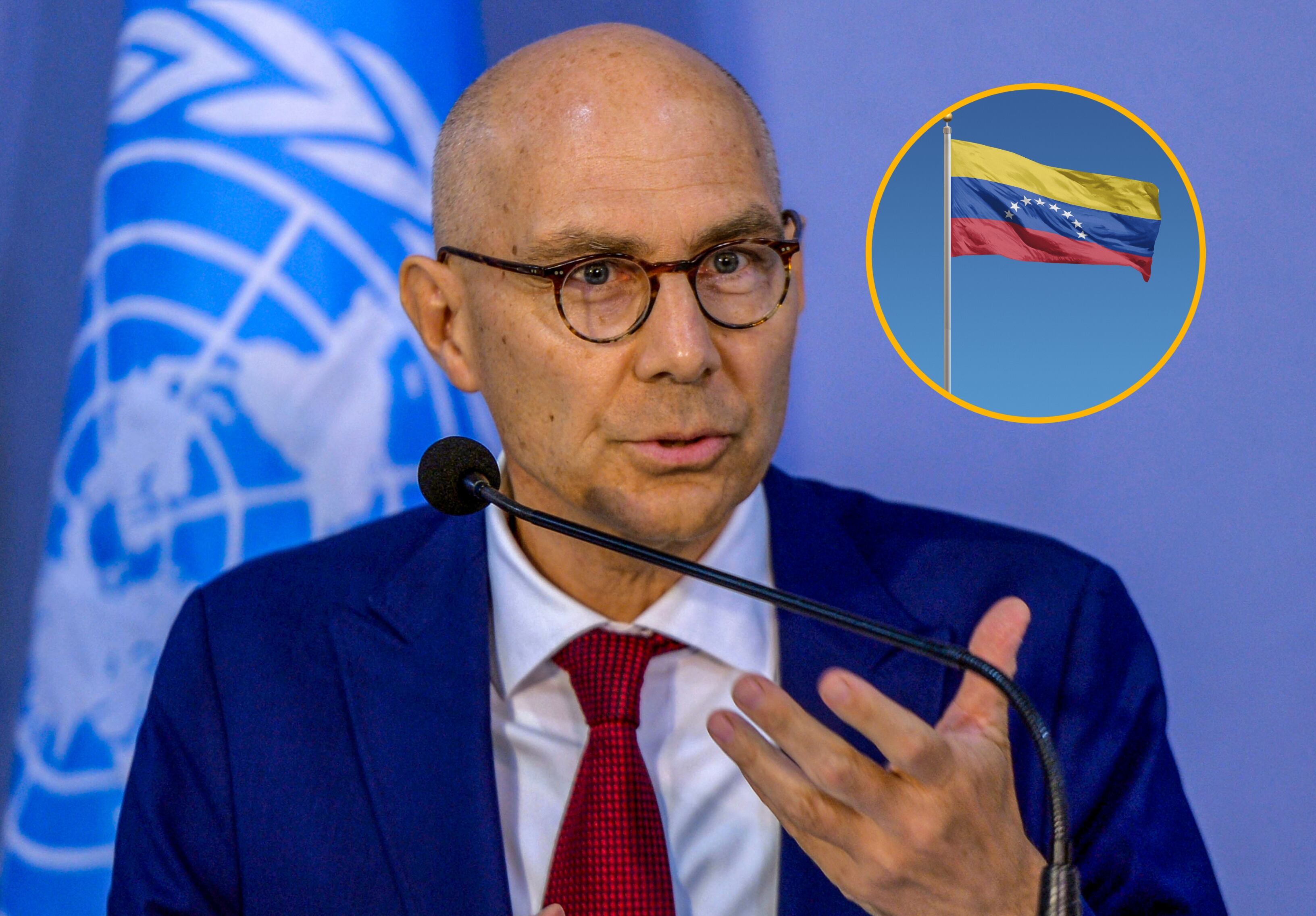 Alto comisionado de la ONU para los derechos humanos, Volker Türk, y bandera de Venezuela. Foto: Derek Brumby/ AFP vía Getty Images. 