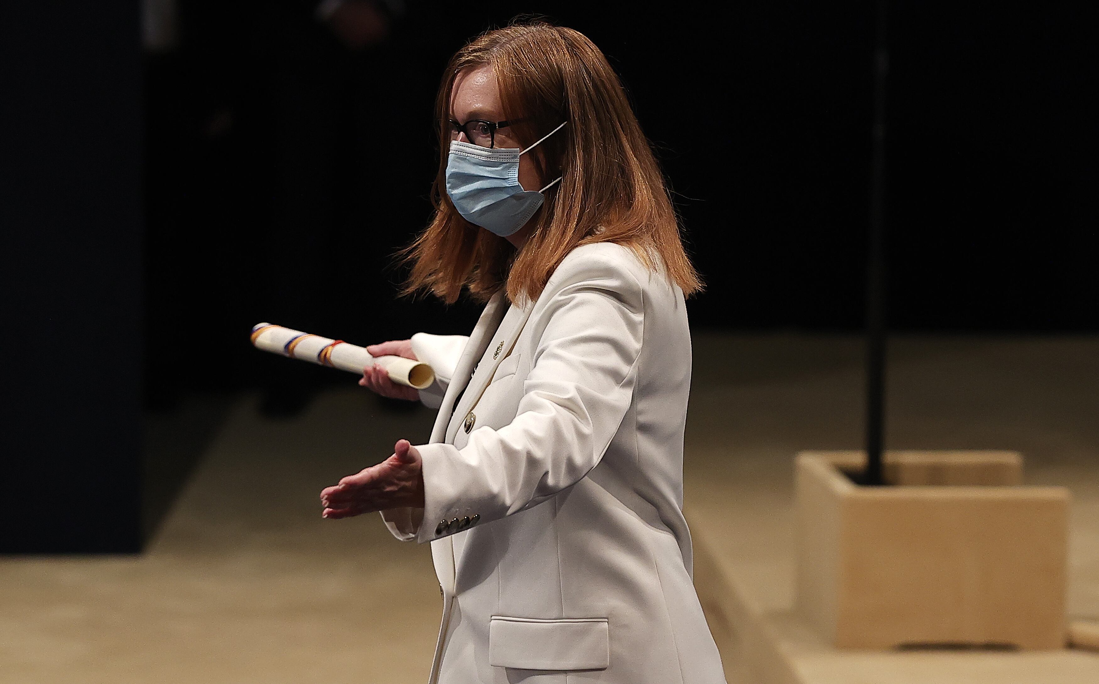 ASTURIAS, SPAIN - OCTOBER 22: Vaccine expert Sarah Gilbert, co-founder of Vaccitech receives her Princess of Asturias Award for Technical and Scientific Research award during Princess of Asturias Award Ceremony. (Photo by Burak Akbulut/Anadolu Agency via Getty Images)