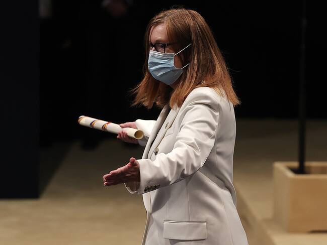 ASTURIAS, SPAIN - OCTOBER 22: Vaccine expert Sarah Gilbert, co-founder of Vaccitech receives her Princess of Asturias Award for Technical and Scientific Research award during Princess of Asturias Award Ceremony. (Photo by Burak Akbulut/Anadolu Agency via Getty Images)