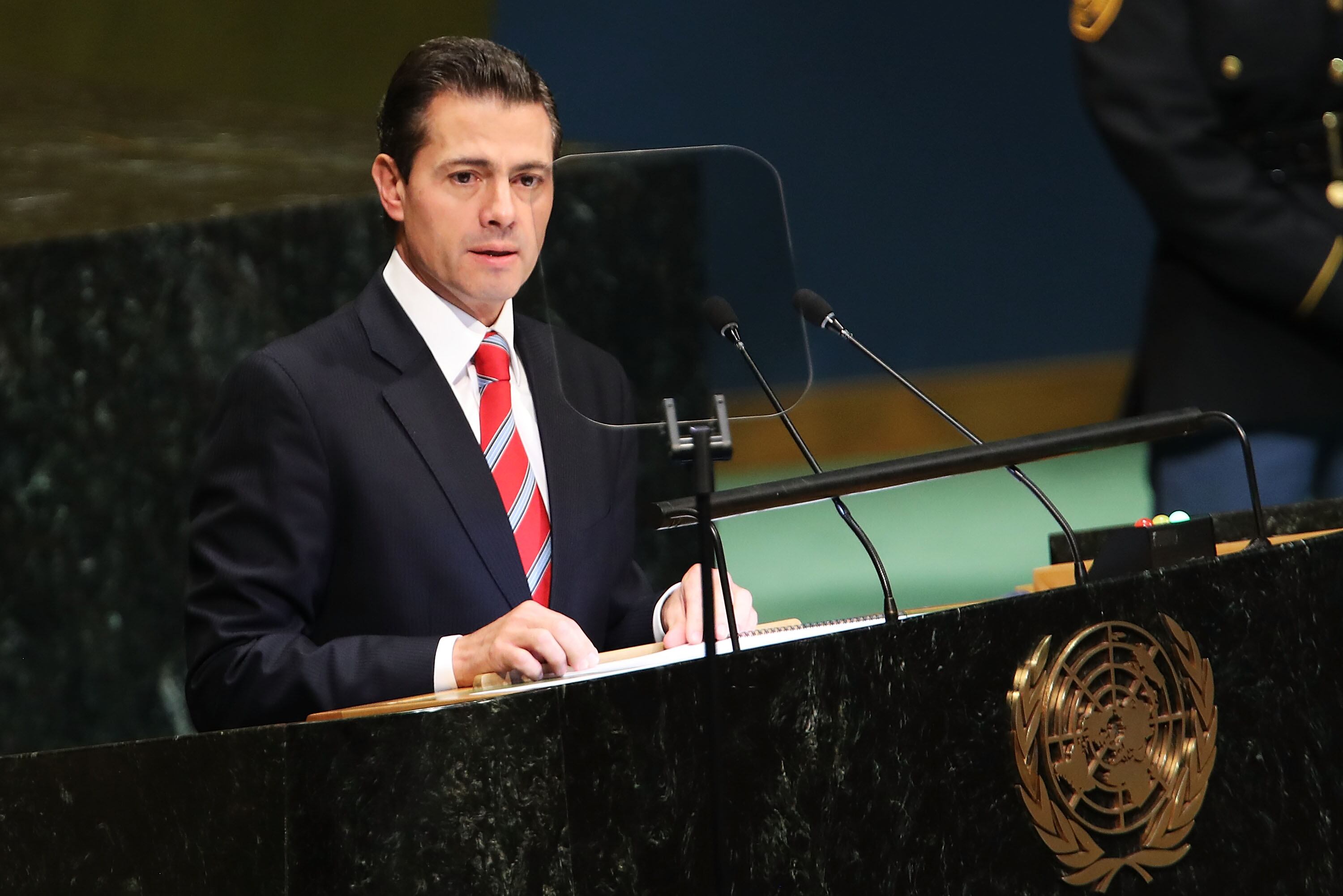 NEW YORK, NY - SEPTEMBER 25: Mexico's President Enrique Pena Nieto addresses the 73rd United Nations (U.N.) General Assembly on September 25, 2018 in New York City. The United Nations General Assembly, or UNGA, is expected to attract 84 heads of state and 44 heads of government in New York City for a week of speeches, talks and high level diplomacy concerning global issues. New York City is under tight security for the annual event with dozens of road closures and thousands of security officers patrolling city streets and waterways. (Photo by Spencer Platt/Getty Images)