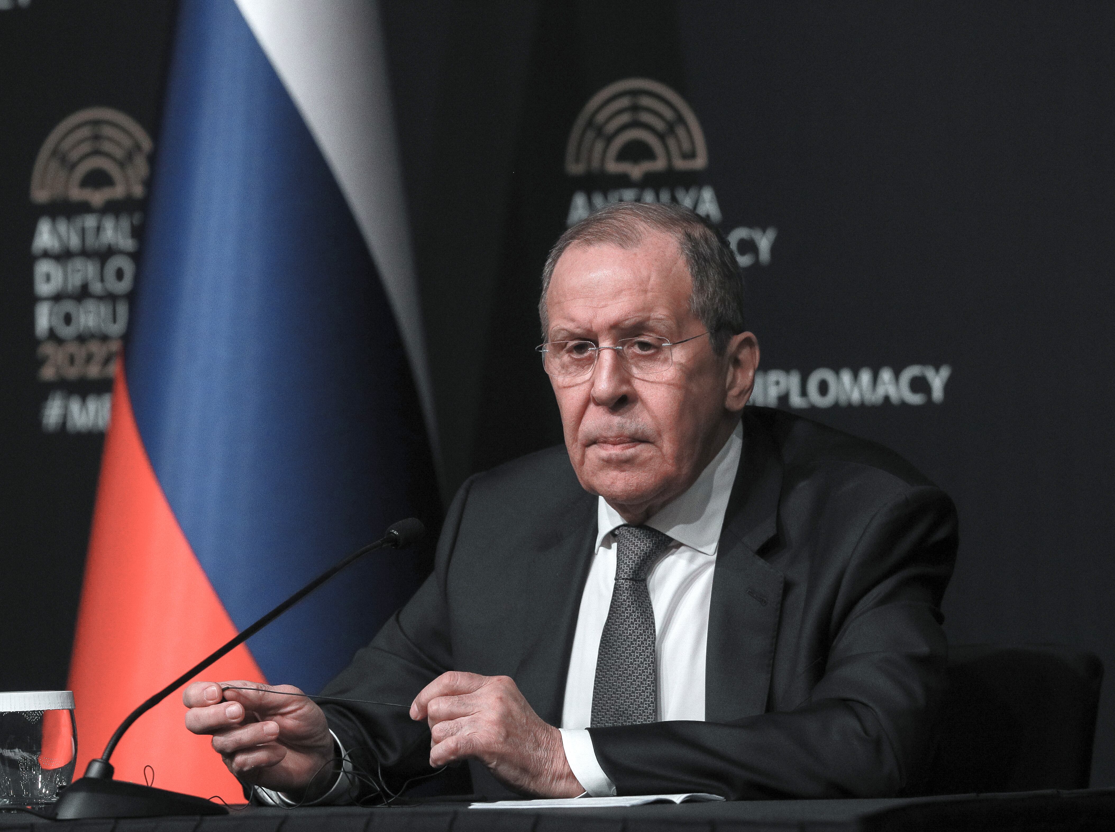 ANTALYA, TURKEY - MARCH 10: Russian Foreign Minister Sergey Lavrov holds a press conference after the meeting with Ukraine in Antalya on March 10, 2022 in Antalya, Turkey. (Photo by Rıza Özel/ dia images via Getty Images)