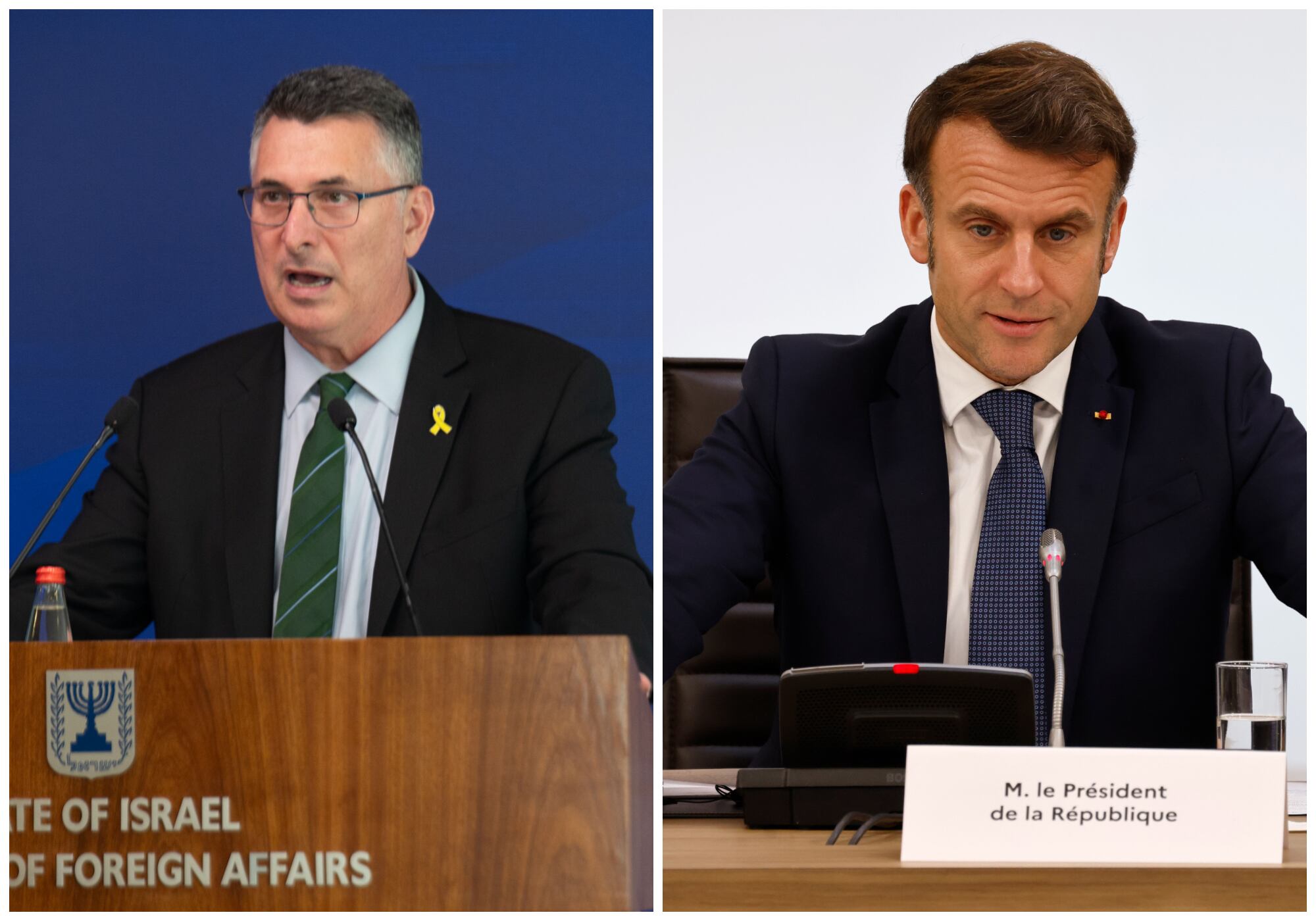 El ministro de Exteriores israelí, Gideon Saar, y el presidente de Francia, Emmanuel Macron. Foto: EFE.