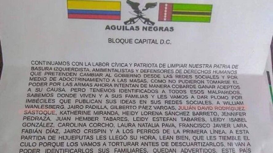 Un panfleto con amenazas contra varios dirigentes de oposición y promotores del paro nacional circuló en las últimas horas en redes sociales. Foto: Colprensa