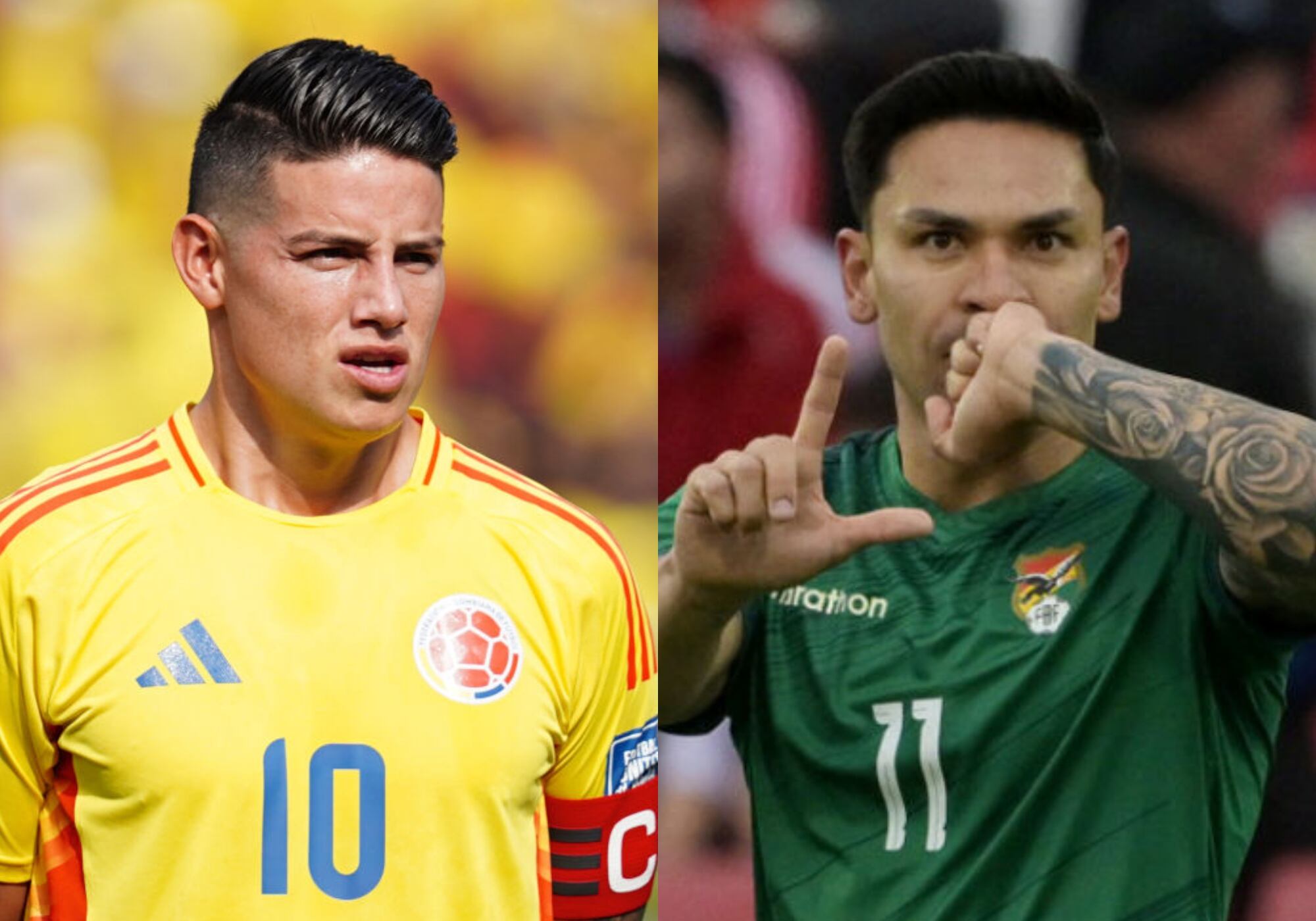 James Rodríguez y Carmelo Algarañaz. Foto: (Photo by Andres Rot/Getty Images) /  (Photo by RODRIGO ARANGUA/AFP via Getty Images)
