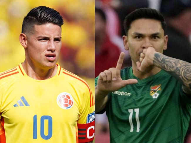 James Rodríguez y Carmelo Algarañaz. Foto: (Photo by Andres Rot/Getty Images) / (Photo by RODRIGO ARANGUA/AFP via Getty Images)