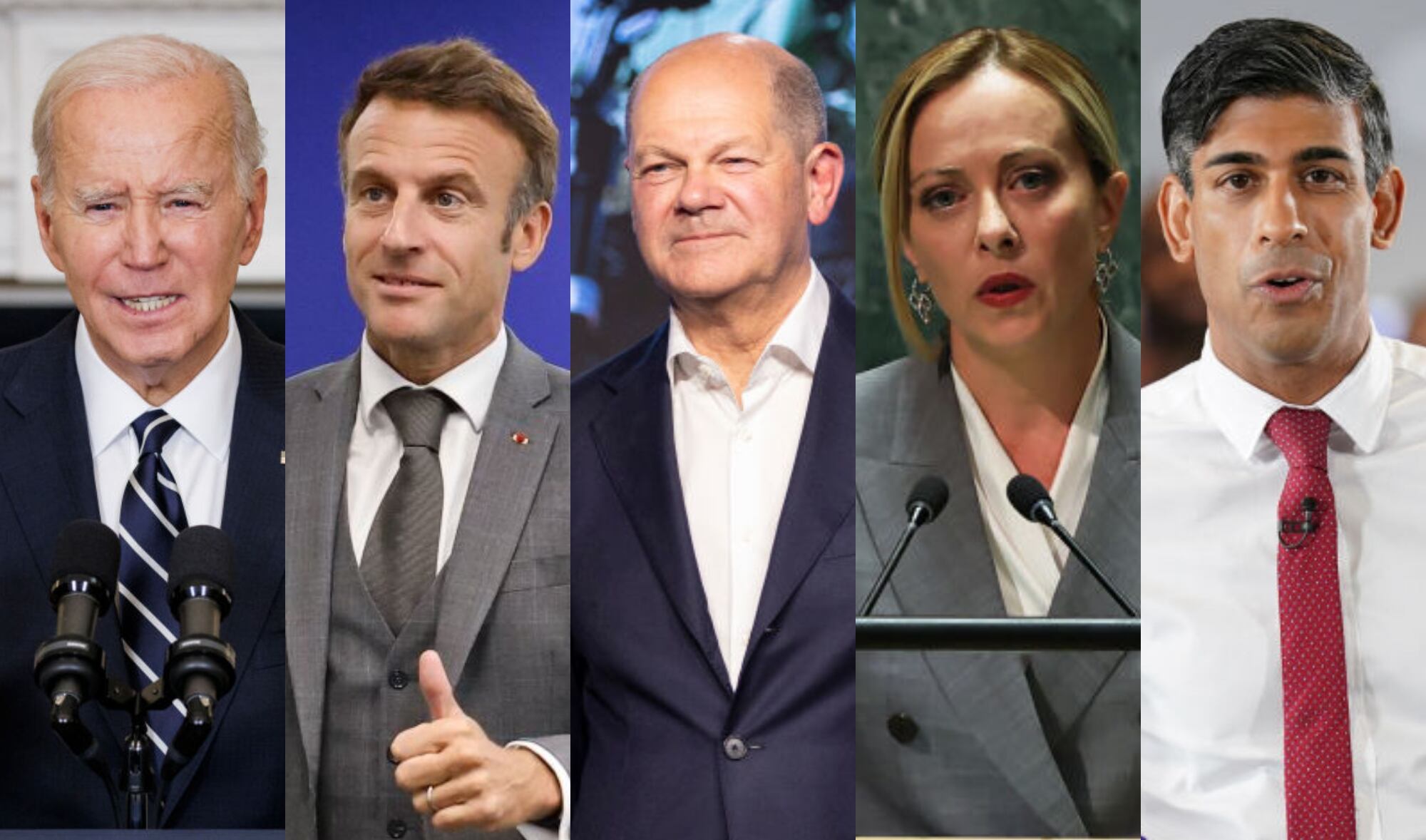 De izquierda a derecha: los presidente de EE.UU., Joe Biden, y de Francia, Emmanuel Macron; el canciller alemán, Olaf Scholz; y los primeros ministros de Italia, Giorgia Meloni, y del Reino Unido, Rishi Sunak. Fotos: Getty Images.