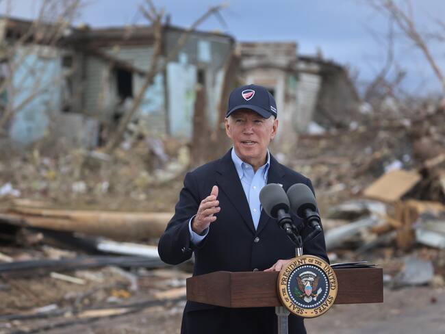 DAWSON SPRINGS, KENTUCKY - DECEMBER 15: US President Joe Biden speaks to the press after touring areas damaged by Friday's tornado on December 15, 2021 in Dawson Springs, Kentucky. Multiple tornadoes touched down in several Midwest states late Friday, causing widespread destruction and leaving scores of people dead and injured. (Photo by Scott Olson/Getty Images)