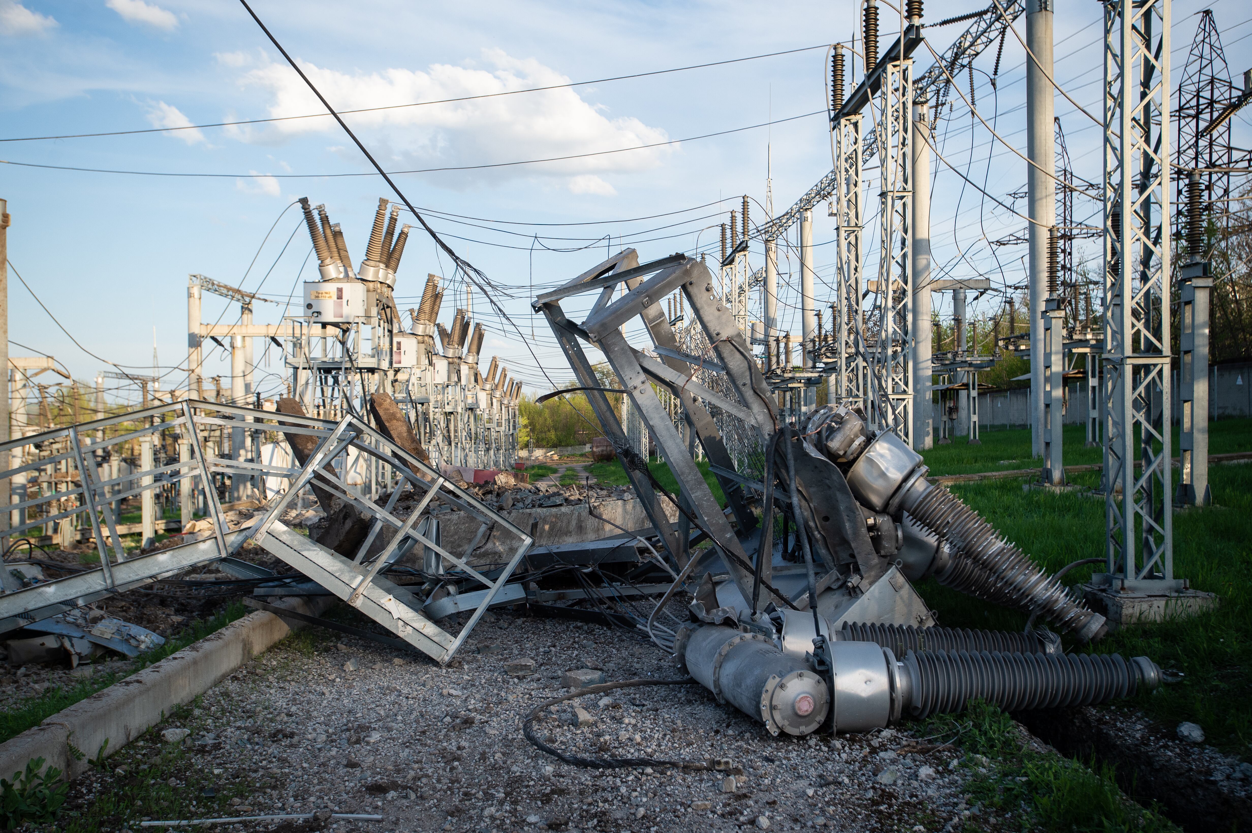DRUZHKIVKA, UKRAINE - APRIL 27: The wreckage of a Russian rocket attack on an electricity power station left the town without power for hours, as Russia steps up its offensive with bombardment along the 300-mile Donbas frontline, in the town of Druzhkivka, Ukraine on April 27, 2022. (Photo by Scott Peterson/Getty Images)